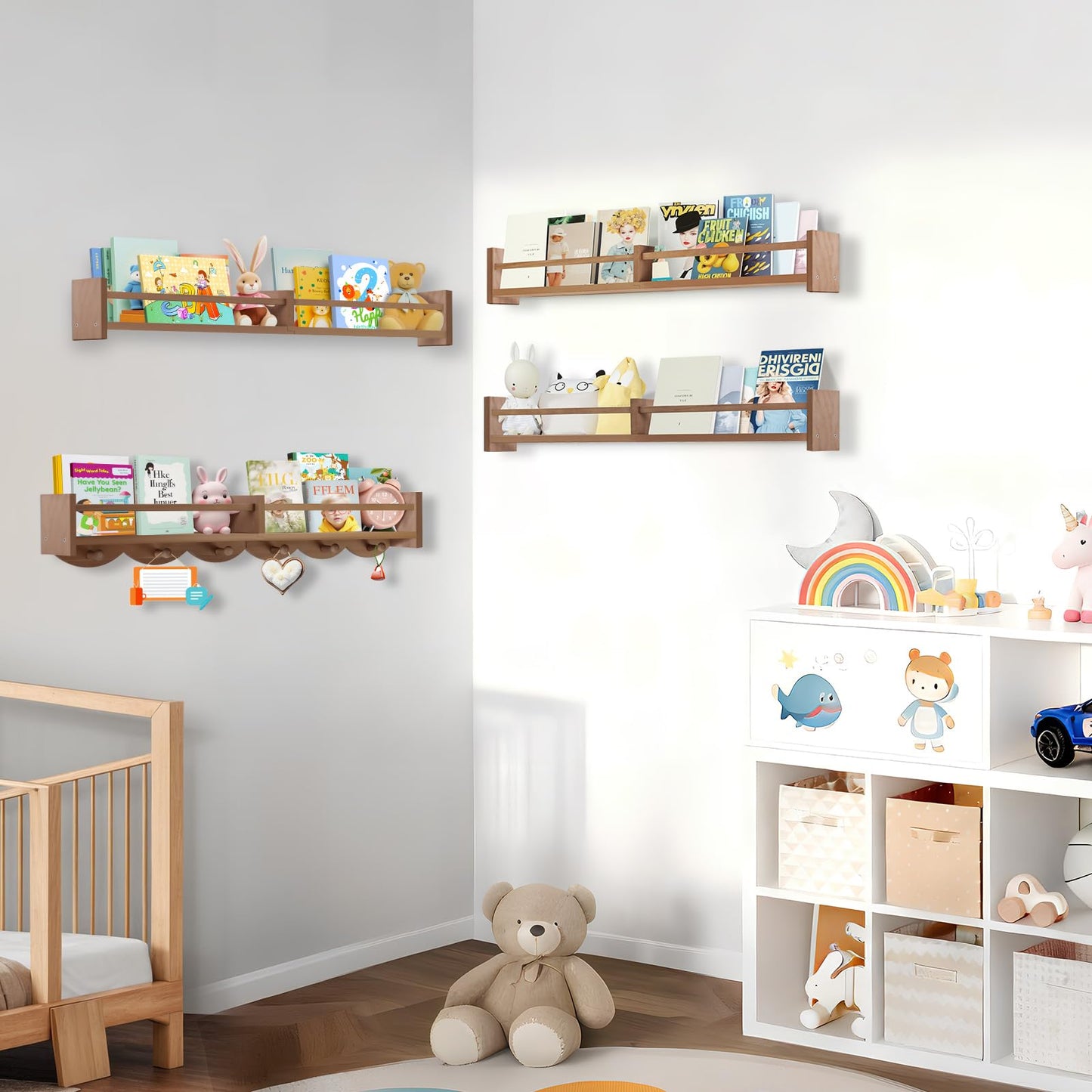 Dixryaus 34Inch Nursery Book Shelves Wall Mounted, Floating Book Shelf for Kids Coat Rack with 6 Hooks, Wall Hanging Shelf for Baby Nursery Room Organizer ,Patent Number:US-D1058229-S(4, Light Brown)