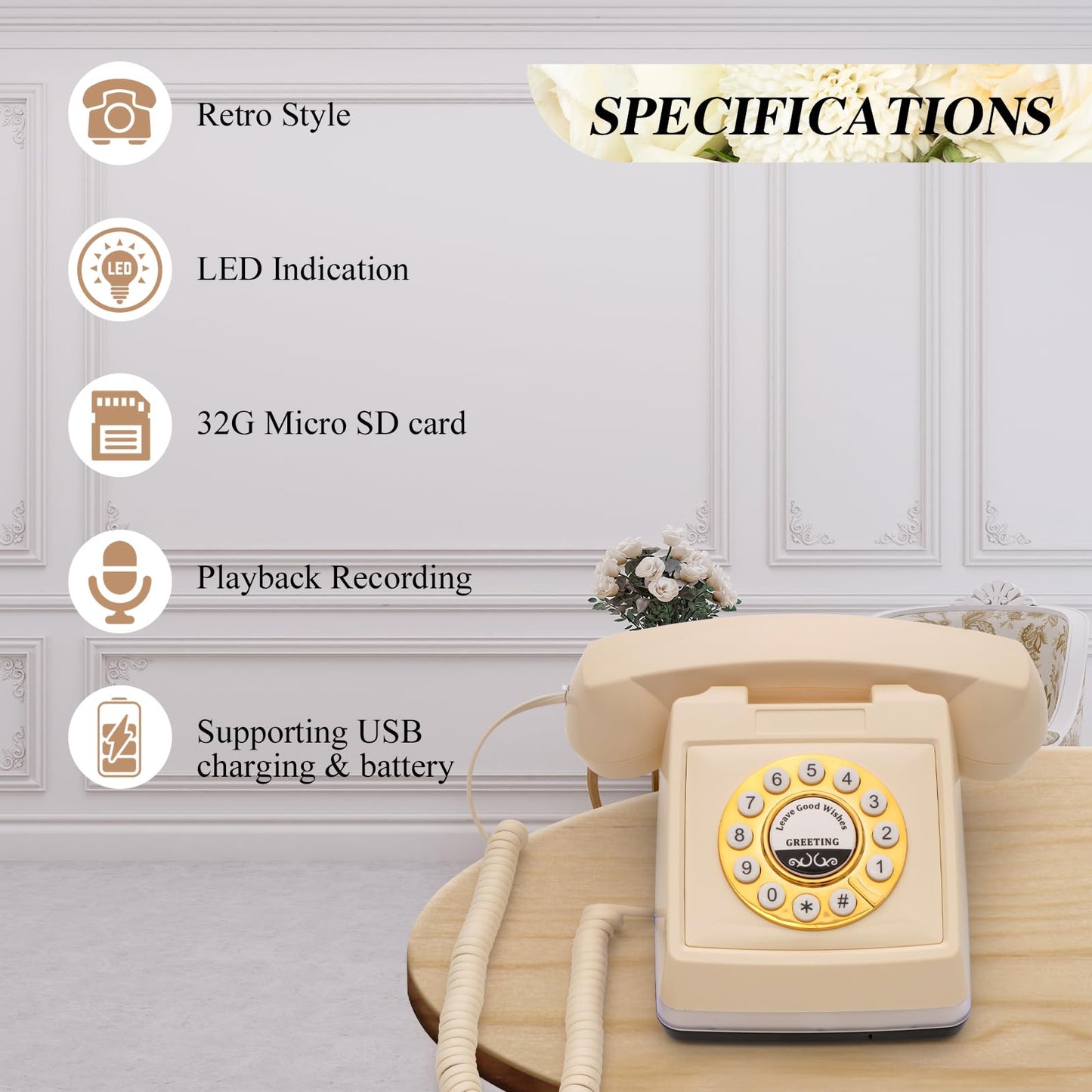 UKBW Audio Guest Book Wedding Phone, 32G Record Customized Audio Message with Guest Book, Retro Style Audio Guestbook for Birthdays Parties Confessions Special Occasions, Beige