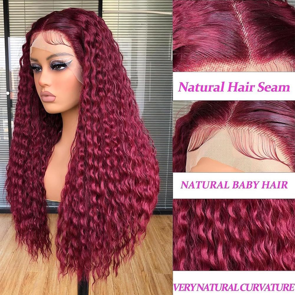 99J Burgundy Deep Wave Lace Front Wigs Human Hair 13x4 HD Lace Frontal Wigs Human Hair Pre Plucked 180 Density Red Colored Deep Curly Wet and Wavy Glueless Human Hair Wigs for Black Women 26 Inch