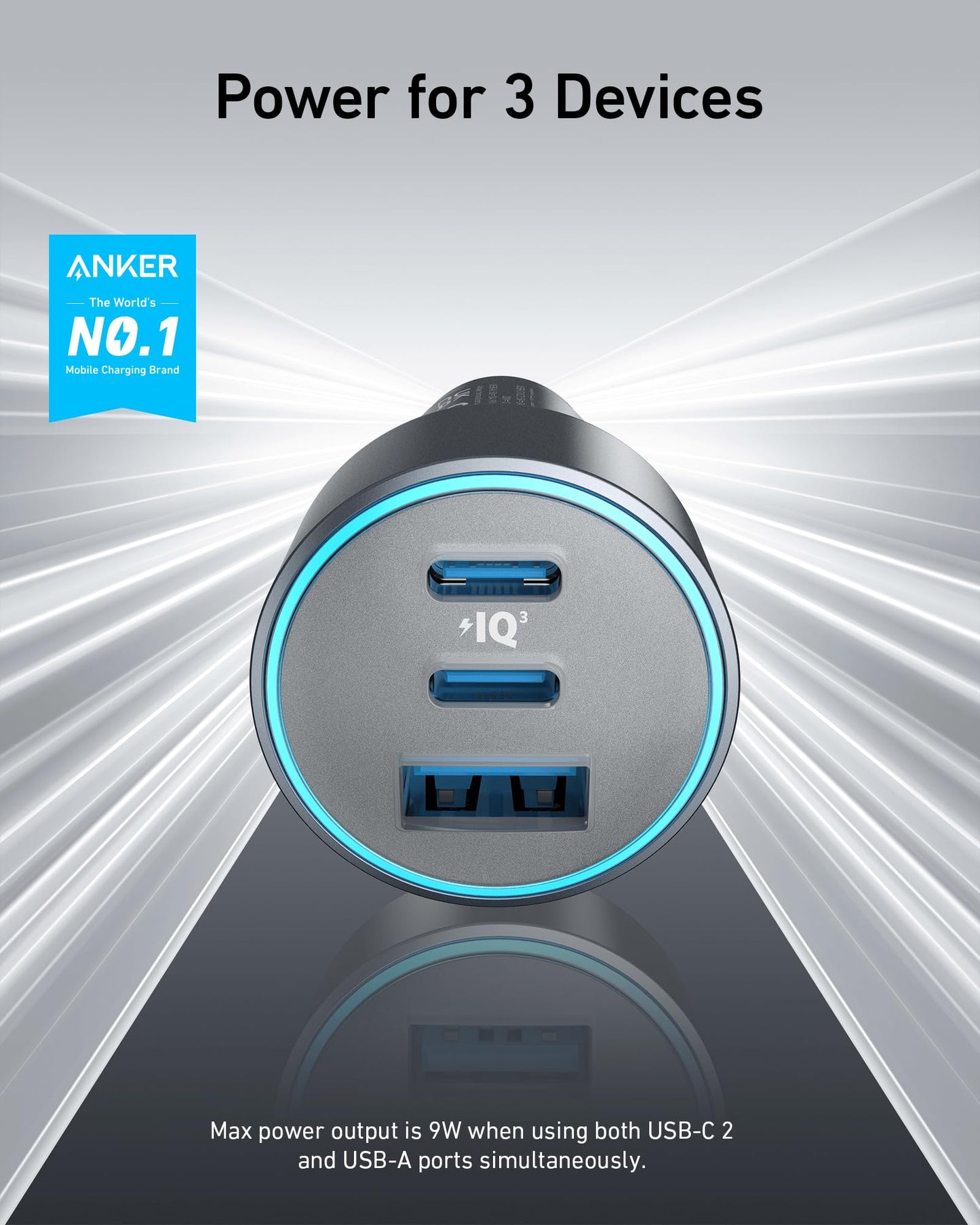 Anker Compact Fast Car Charger 3 Ports 67W - High Speed Charging for iPhone 16/15/14, Galaxy S23, iPad Air, and More - USB-C to USB-C Cable Included for Easy Connection