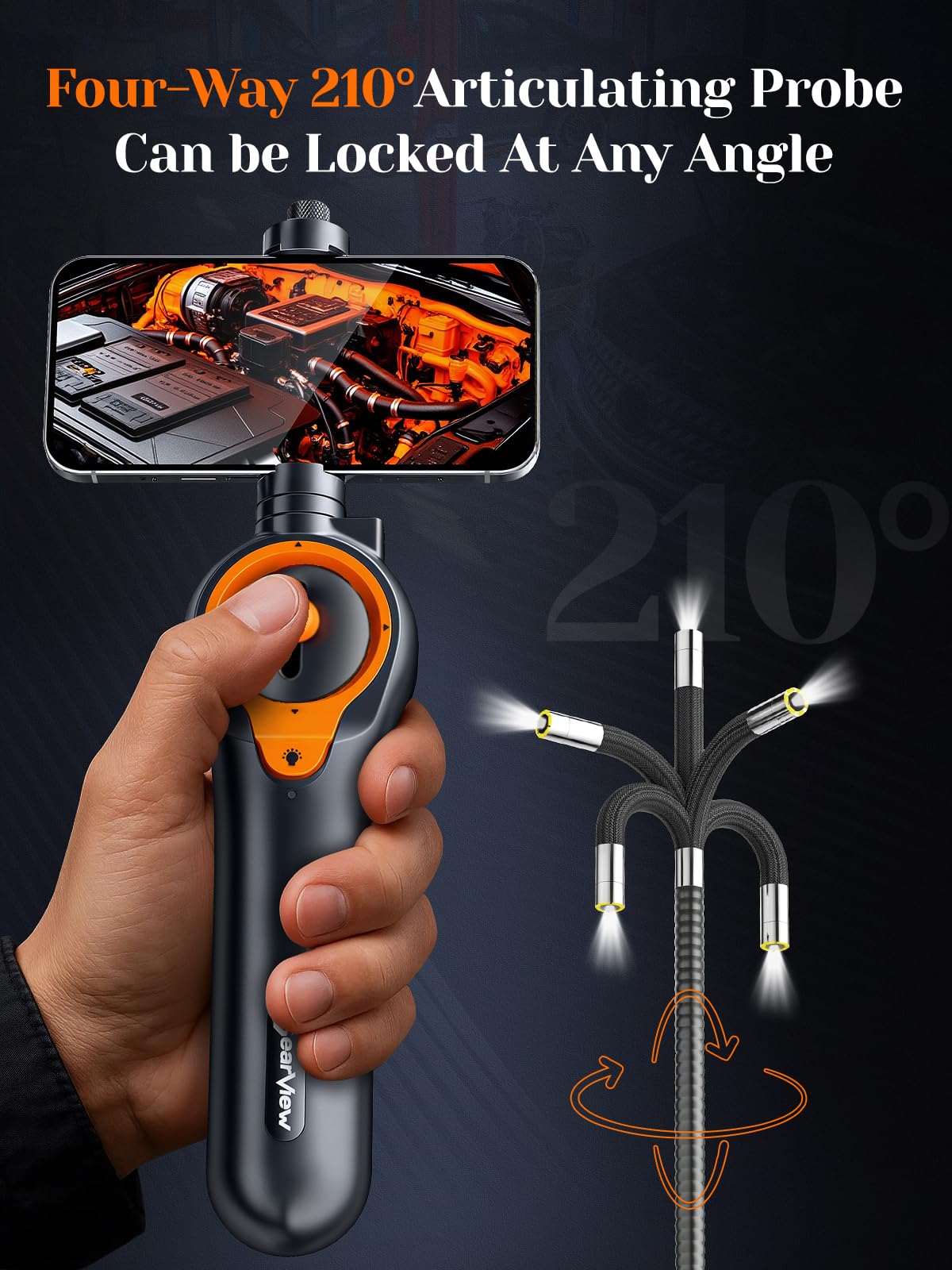 GearView 210°Articulating Borescope Camera - Inspection Camera 6 Light, Endoscope with 6.2mm IP67 Waterproof Probe, 3X Zoom 2-Way Borescope with Flexible Cablegabg
