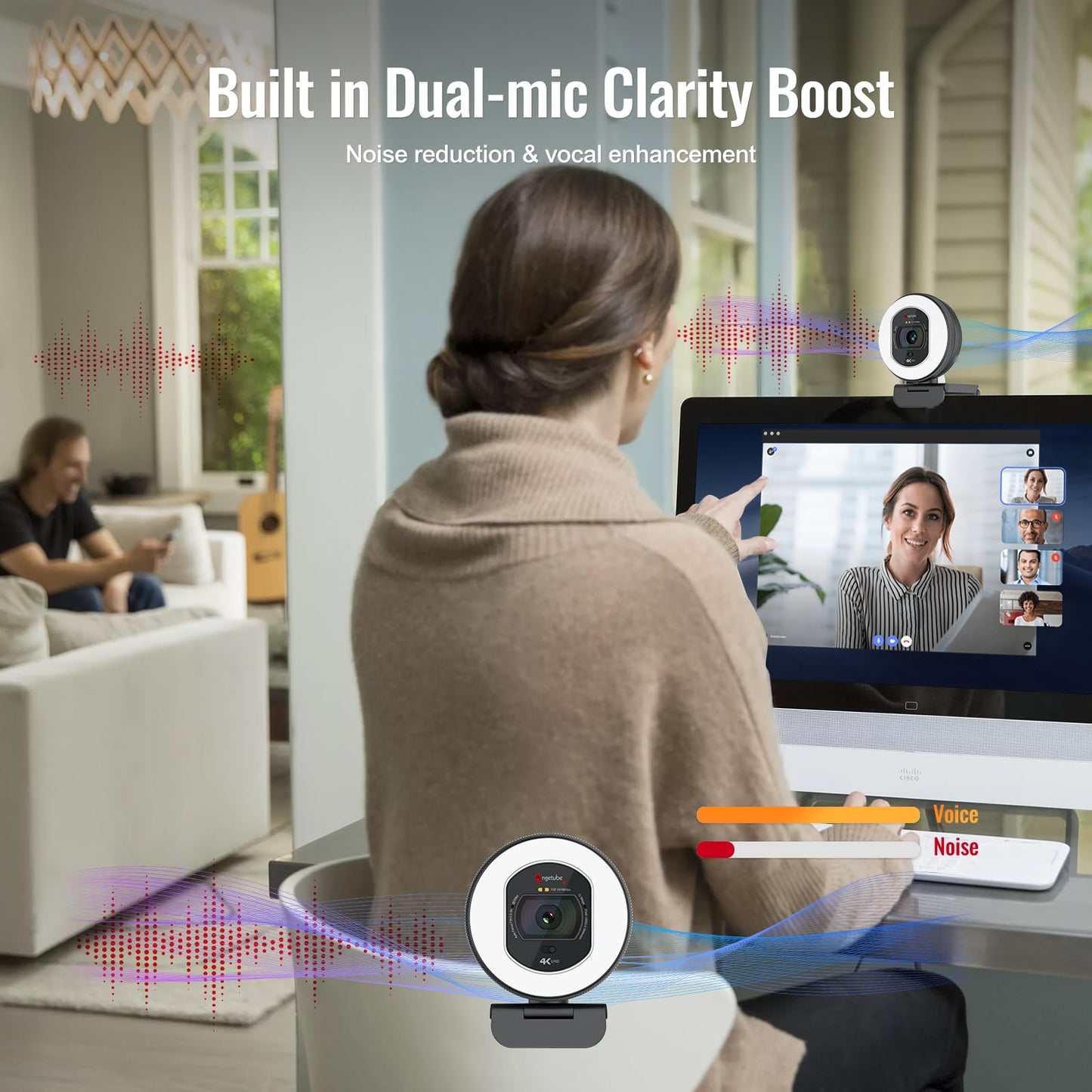 Angetube 4K Webcam with Light for PC: UHD 4K, TOF Auto Focus, Dual AI Noise-Cancelling Mics, 1080p@60FPS, USB Streaming Webcam w/Privacy Cover for Laptop/Mac/Desktop/PC Work w/Zoom/Teams/Google Meet