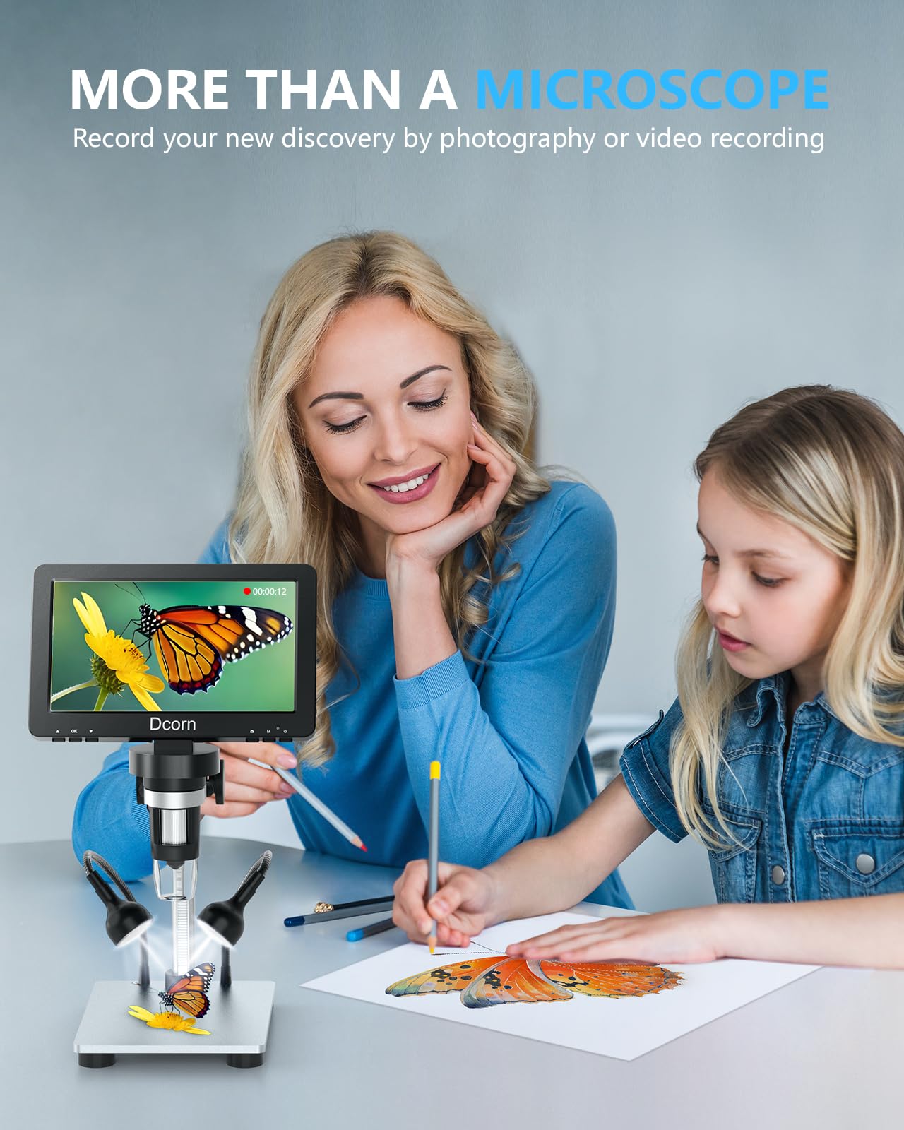 7'' Digital Microscope 1200X,Dcorn 12MP 1080P Photo/Video Microscope for Adults Soldering Coins,Metal Stand,Wired Remote,10 LED Fill Lights,PC View,Windows/Mac Compatible