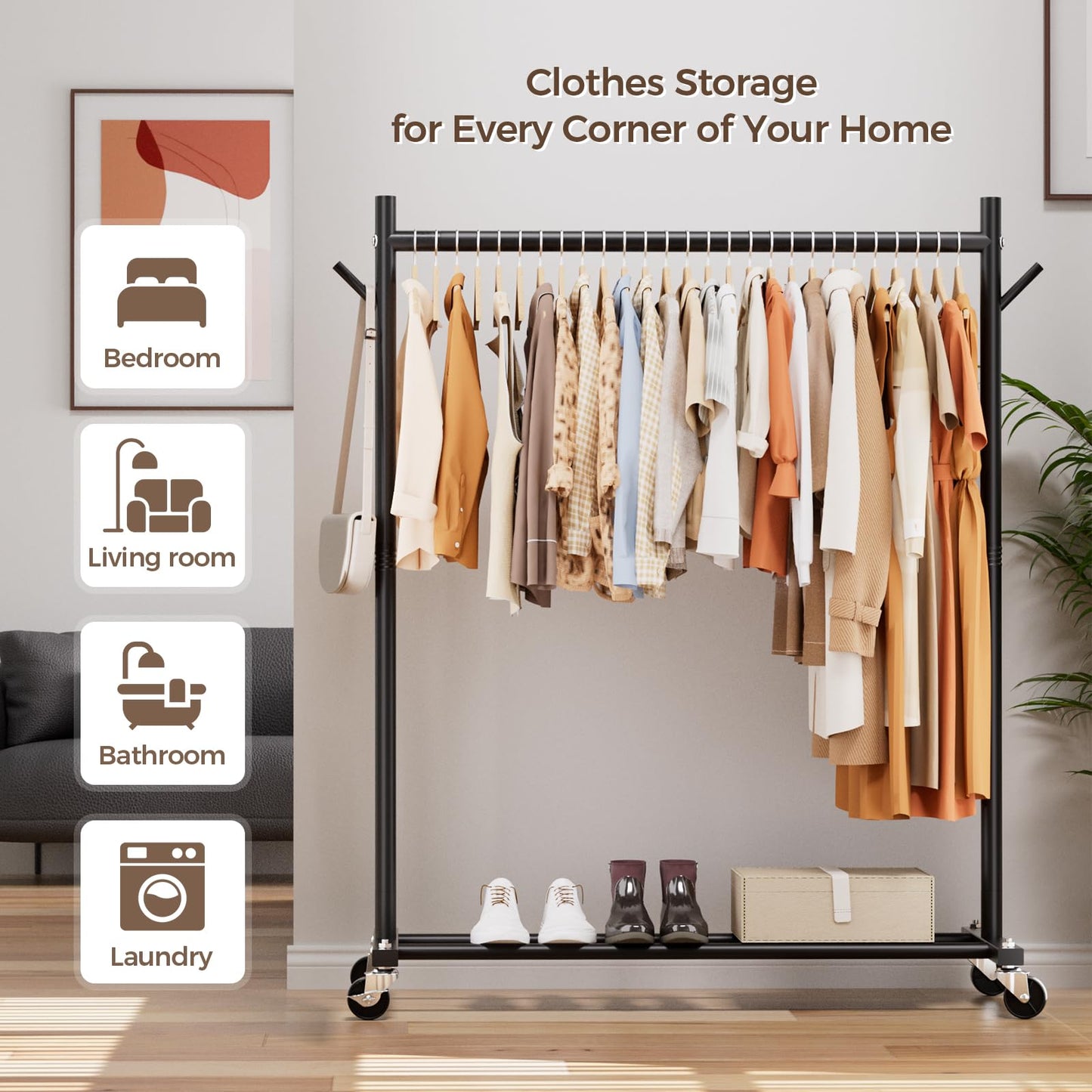 Clothes Rack, Clothing Rack for Hanging Clothes Load 280LBS, Rolling Garment Rack, Portable Coat Rack Freestanding Clothes Rack with Wheels Wardrobe Rack Easy Assembly for Bedroom Living Room, Black