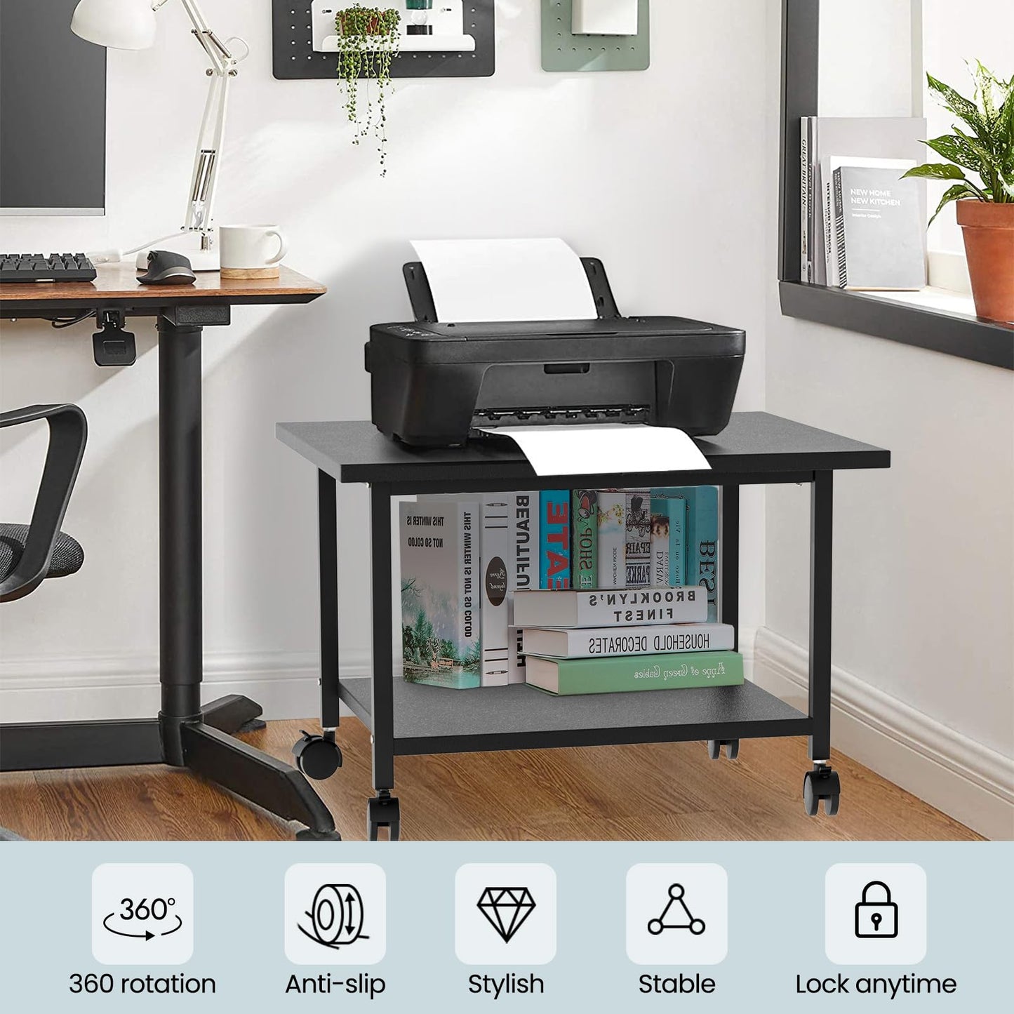 SwaaVee Printer Stand, 2-Tier Under Desk Printer Stand, Printer Cart with Wheels for Home, Office, Heavy-Duty Storage Shelf, Black