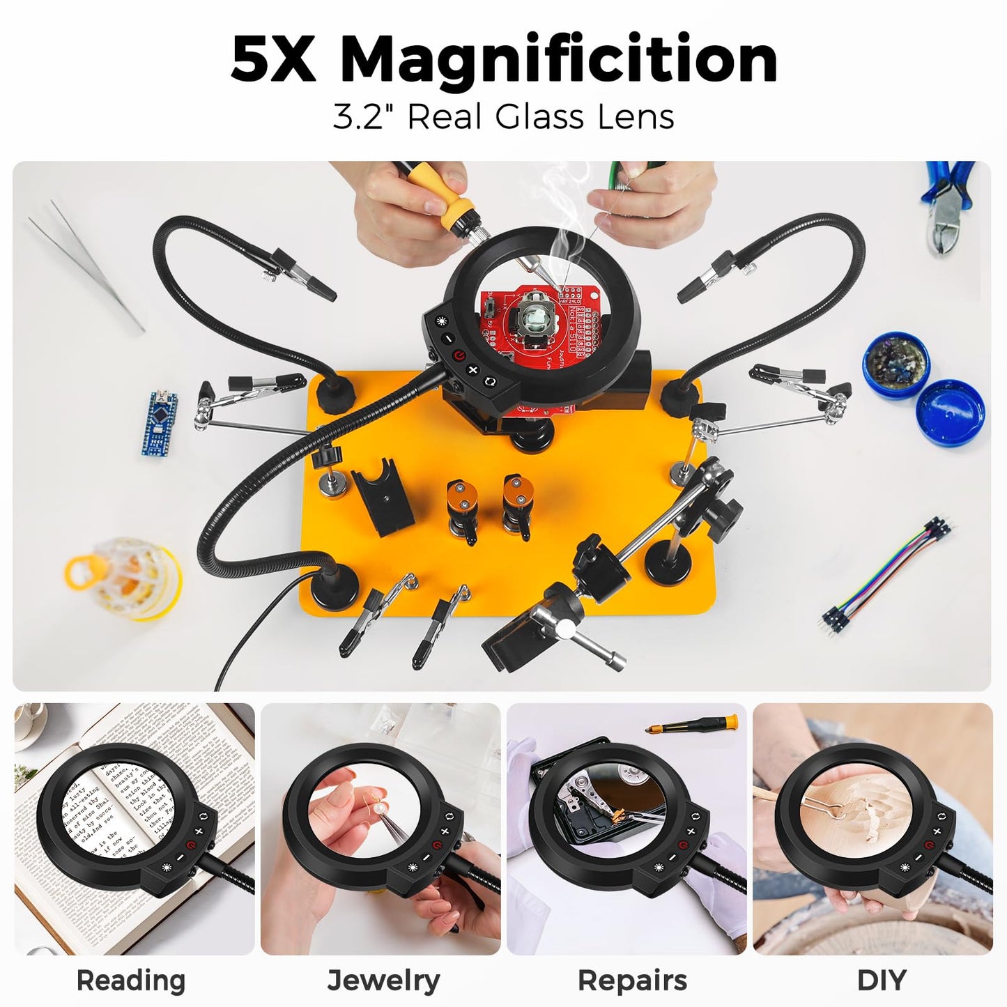 NOEVSBIG Helping Hands Soldering Station with 5X Magnifying Lamp, Magnetic Flexible Arms, 360° Soldering Clamps, Workbench Vise & Large Stable Base, and Helping Hands Clamp for Electronics Repair DIY