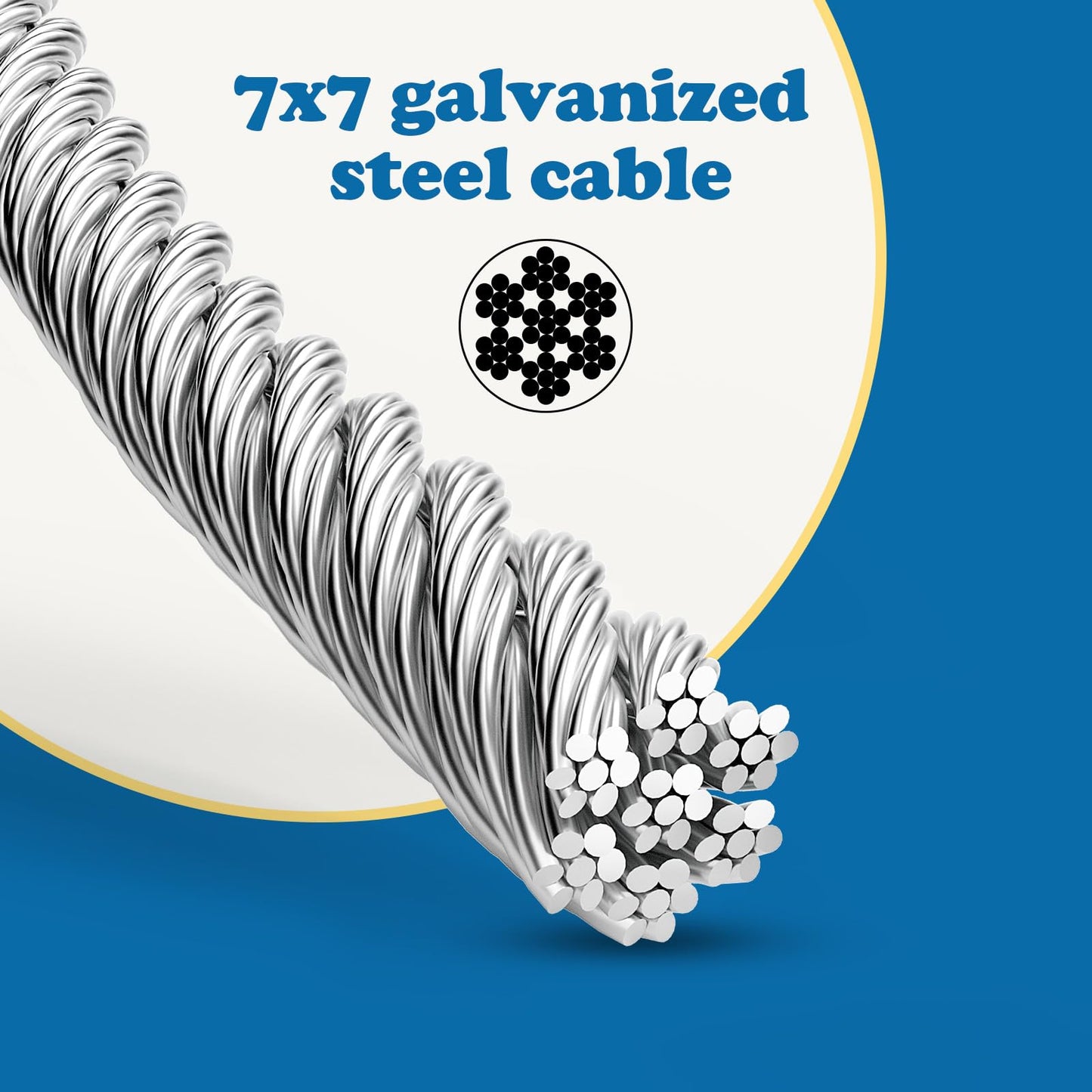 hannger 3/16 Galvanized Wire Rope, 100ft Galvanized Steel Cable 3/16 Inch, 7X7 Strands Core Aircraft Cable with 3/16 Rope Clamps, Thimbles, for Anchored Shed, Clothesline, Lights Hanging, Yard Zipline