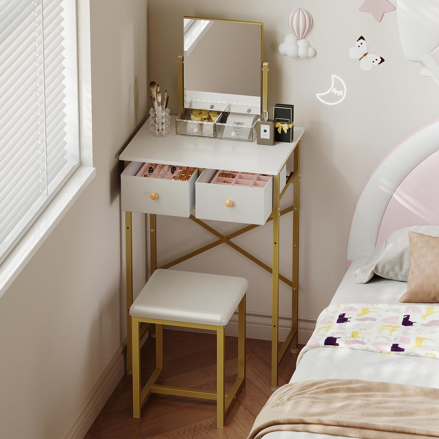 X-cosrack Small Makeup Vanity Desk with Mirror & Chair, Mini Vanity Desk Table Set with Fabric Storage Drawer, 19.7" Compact Vanity Desk for Girls, Dressing Table with Chair for Bedroom, White Golden