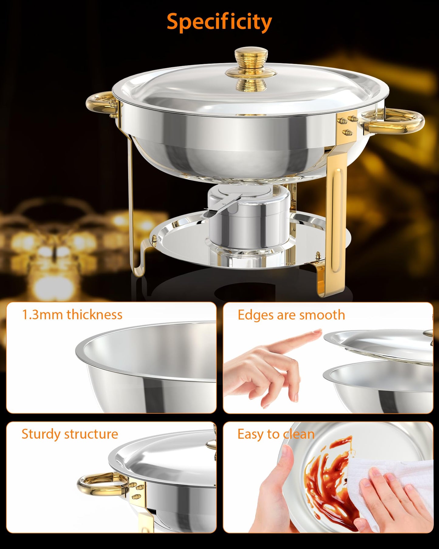 5QT 6 Packs Chafing Dish Buffet Set, NSF Round Stainless Steel Chafers and Warmers Food Servers Sets with Lid & Lid Holder, Spoon & Tweezer for Catering Events Parties Weddings Dinners, Gold