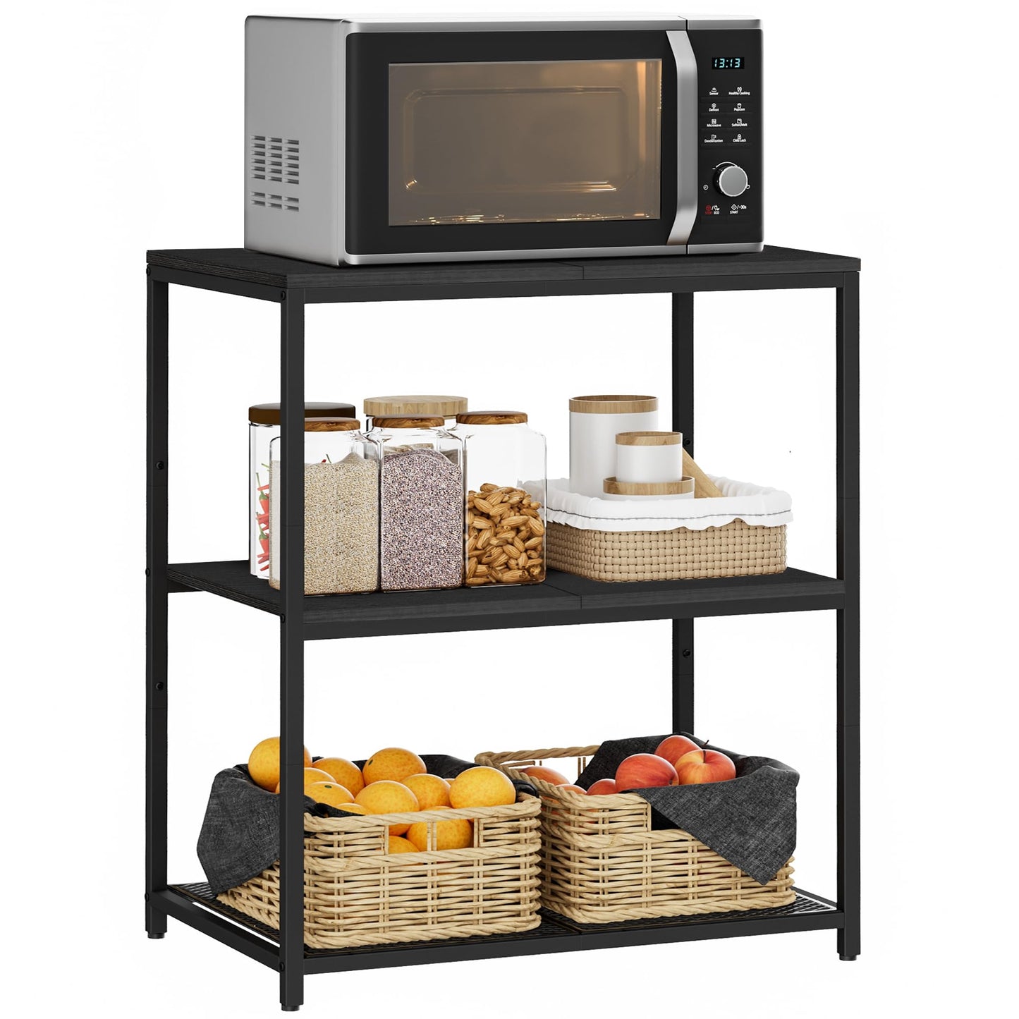 Homleke Kitchen Island with 3 Shelves, Kitchen Shelf with Large Workstation, Bakers Rack, Workbench, Metal Frame, Black