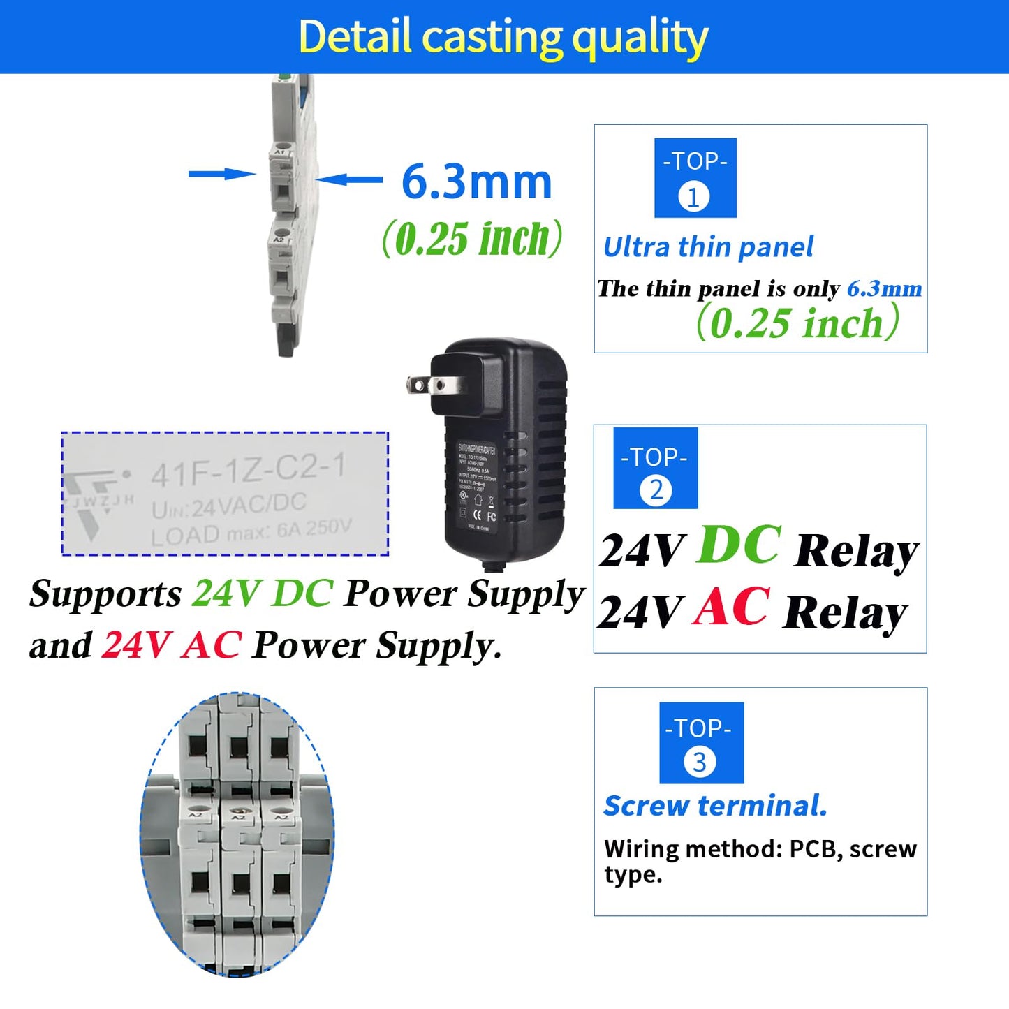 ZJWZJH 10Pcs Miniature Electromagnetic Relay 24V Coil DC/AC; Signal for PLC; HF41F/24-ZS 1NO 1NC 6Amp SPDT with Jumper, Separator, 24V Relay Din Rail, UL Certification