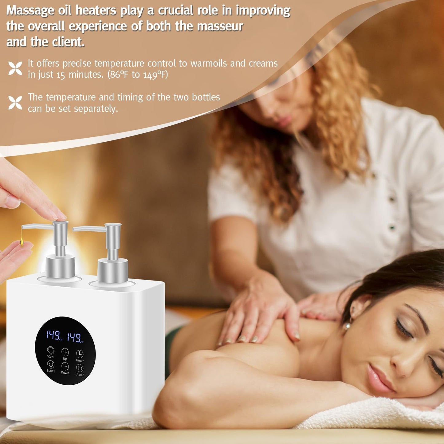 Meifuly Massage Oil Lotion Warmer Double Bottles for SPA Massage Therapy & Personal Use, Fast Oil Cream Lotion Warmer Heats Up, with 4 Oil Bottles Dispenser, Adjustable Constant Temperature