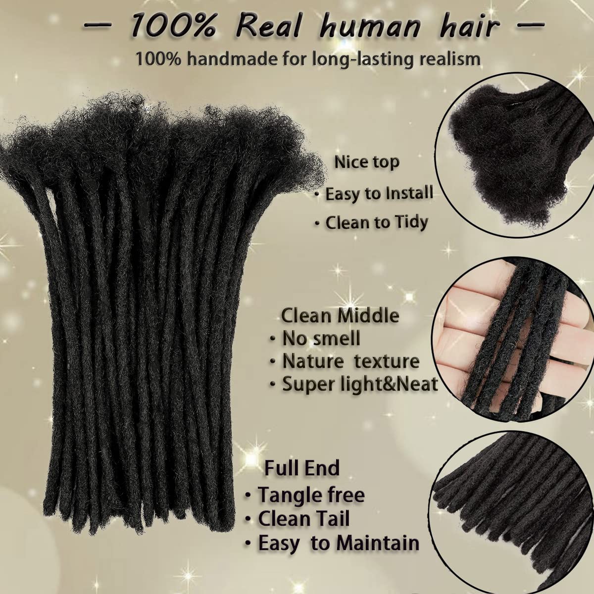 Luckroce 0.8cm Width 8Inch 40 Strands 100% Human Hair Dreadlock Extensions for Men/Women/Kids, Full Hand-made Permanent Dread Locs Extensions Human Hair Can Be Dyed,Curled and Bleached,Natural Black