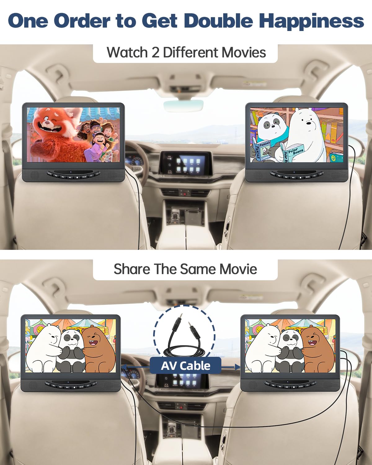 12" Portable DVD Players with Screen, Car DVD Player Dual Screen Play A Same Or Two Different Movies with 1080P HDMI Input, Headrest DVD Player for car Support USB/Sync Tv
