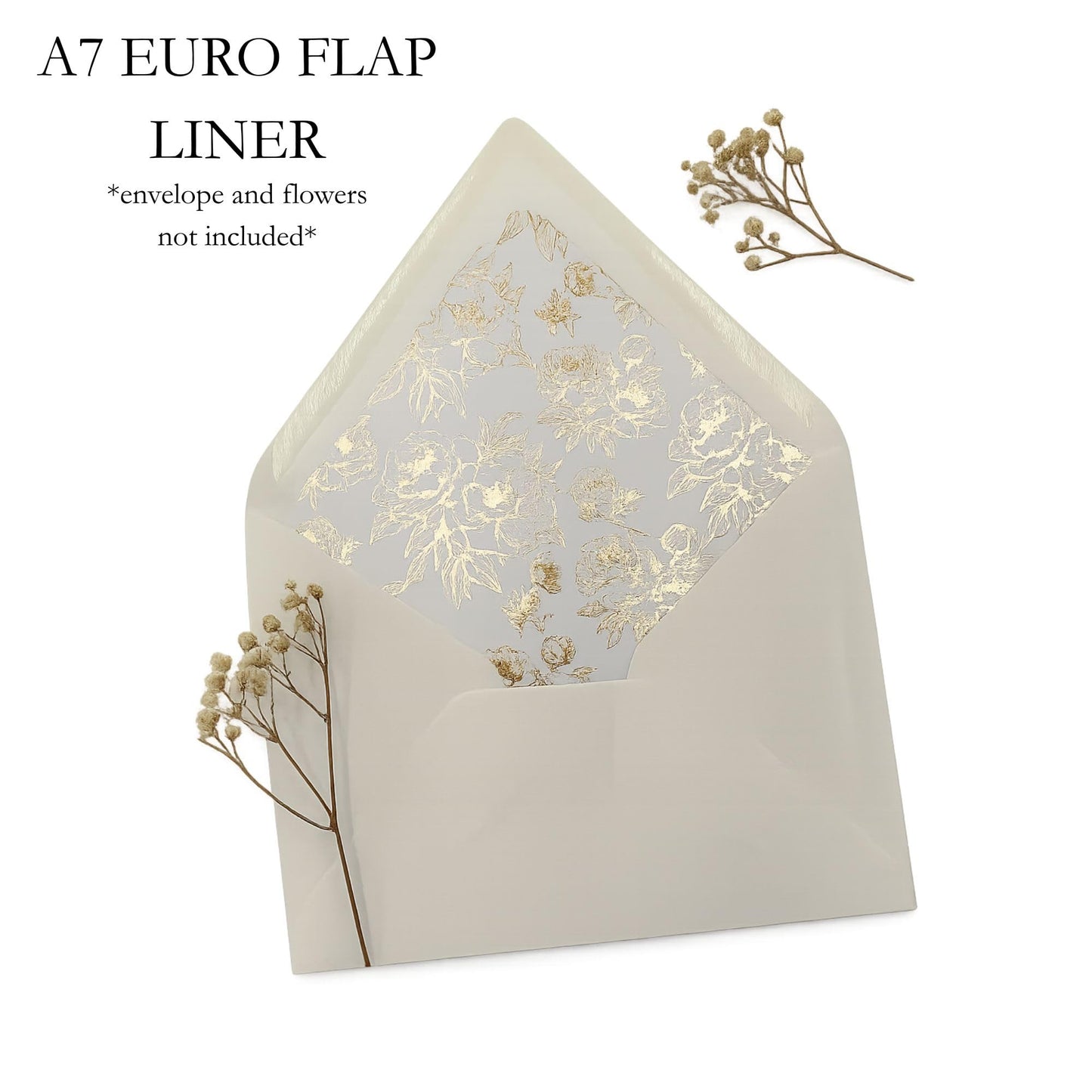 A7 Euro Flap Envelope Liners for 5x7 Insert, 50 Pack, Wedding Invitaion (Gold Foil Floral)