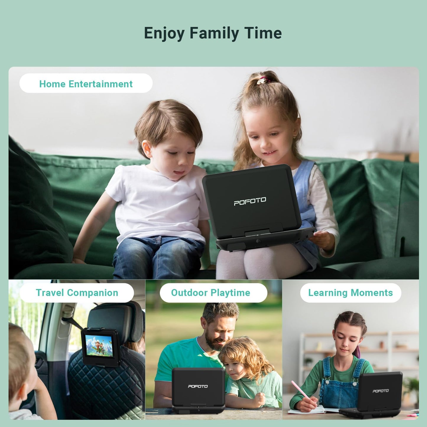 9.5" Portable DVD Player for Kids and Car with 7.5" Swivel Screen, 4-6 Hours Working Time, Car DVD Player with Dual Speakers, Remote Control, Support Sync TV, Region Free USB/SD/AV