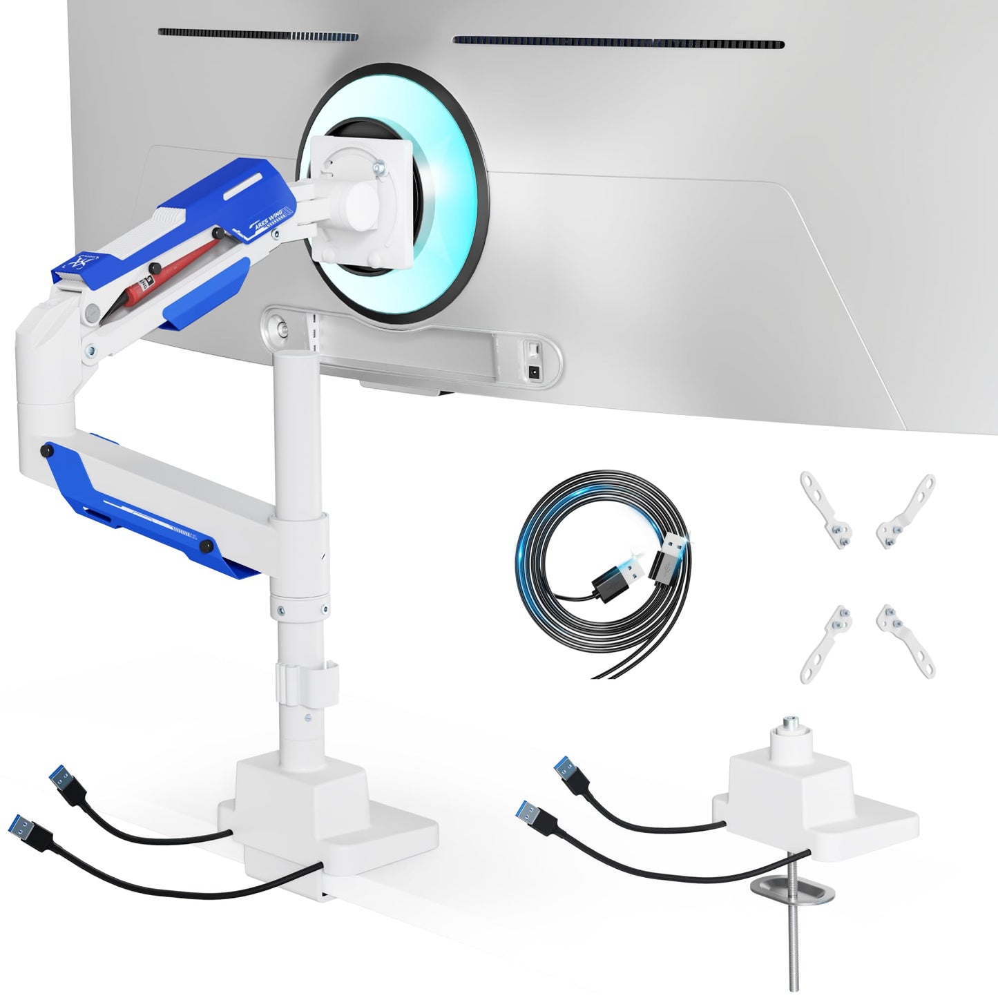 ARES WING Single Monitor Mount with USB, Ultrawide Monitor Arm for 24 to 57 Inch Heavy Duty Curved Screen, Adjustable Gas Spring Monitors Arm Stand up to 66LBS with 75/100/200 Vesa Mount, White