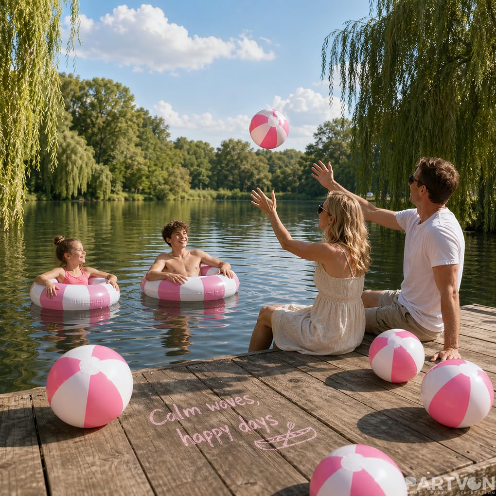 8Pcs Inflatable Pool Float Set Includes 2Pcs 22.8" Swim Ring & 6Pcs 16" Beach Ball Bulk PVC Summer Water Toys for Swimming Pool Beach Hawaiian Tropical Party Favors Decorations Supplies (Pink)