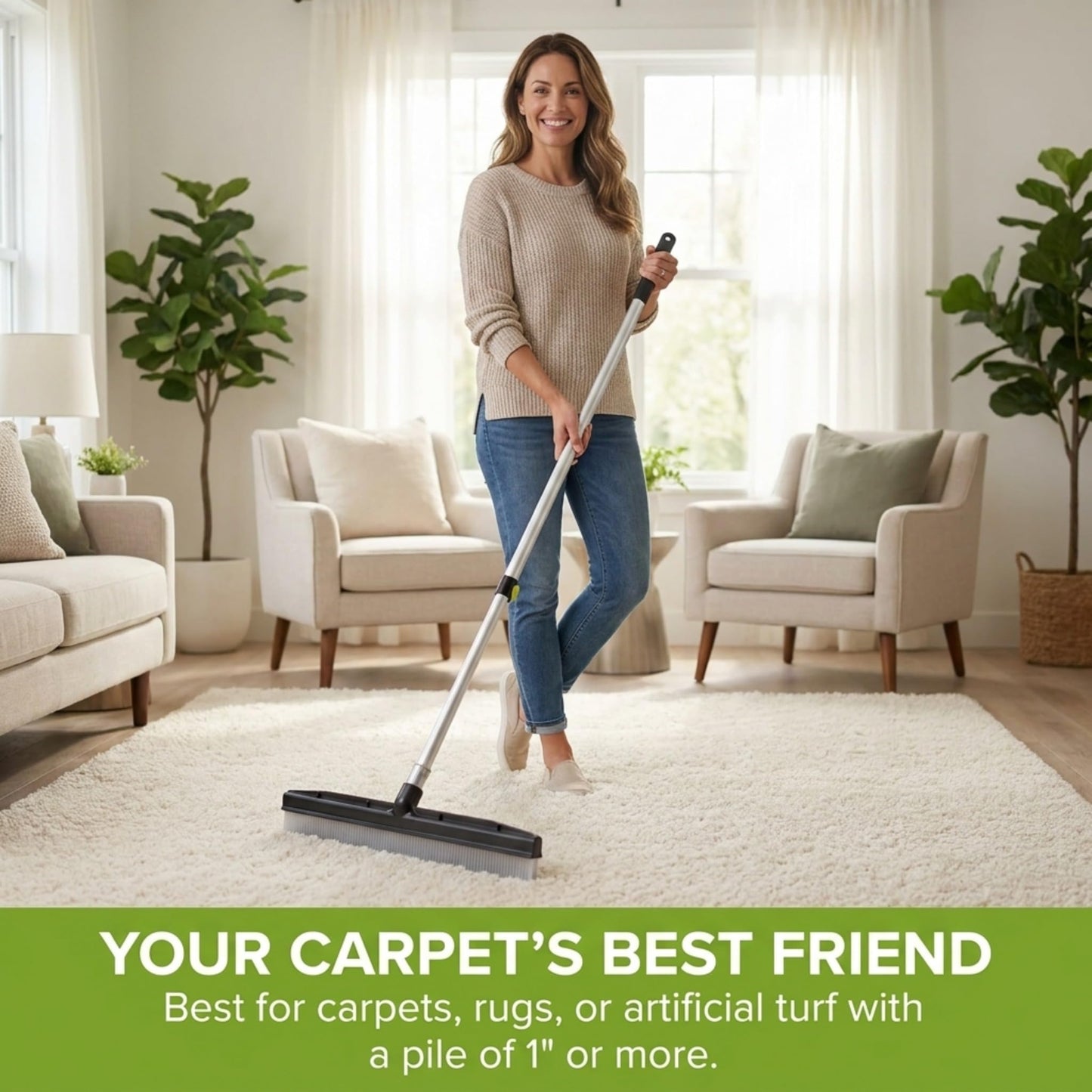 Room Groom Carpet Rake and Groomer with Telescoping 54 Inch Adjustable Handle, Portable Design, Carpet Brush Ideal for Pet Hair, Refreshing High Pile Carpets, Rugs, and Artificial Turf