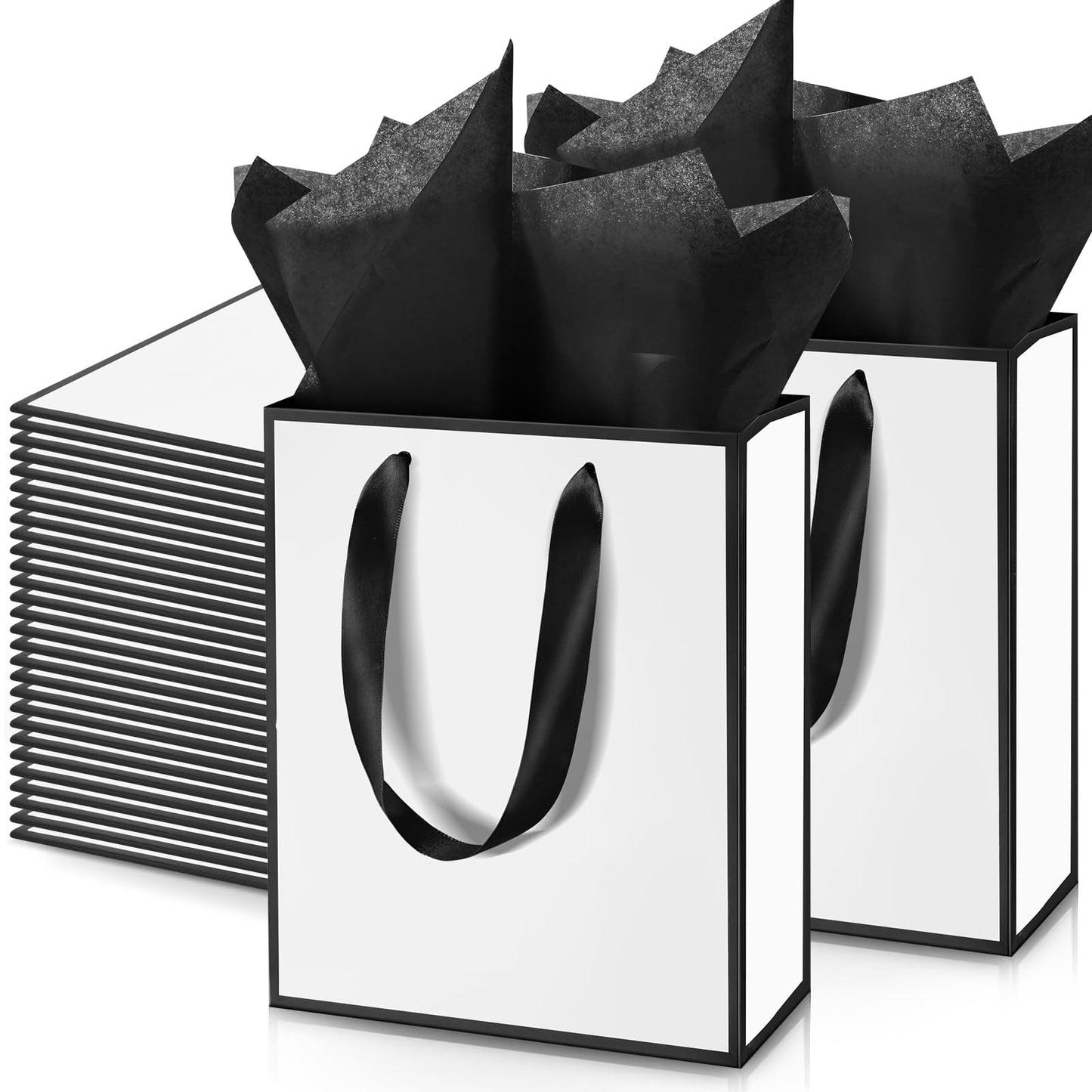Yeaqee 50 Pack Metallic Gift Bags with Handle and Tissue Paper Gold Foil Welcome Bag for Wedding Guest Fall Party Hotel Guest 5 Senses Gifts Birthday Baby Shower Holiday 9x7x3.15''(White Black)