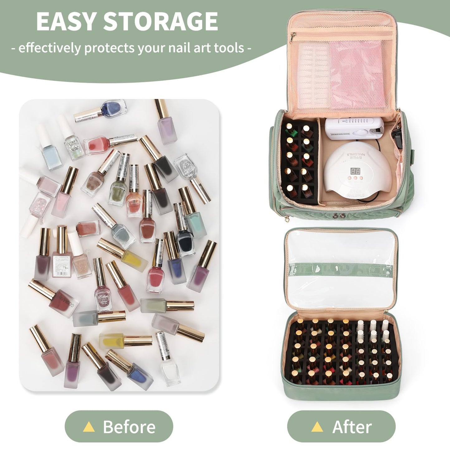 Extra Large Nail Polish Organizer Case Holds 86 to 100+ Bottles Nail Polish & Nail Lamp, Nail Supplies Storage Carrying Bag with 2 Removable Pouches, Portable Nail Tech Travel Box (Green, 86 Slots)