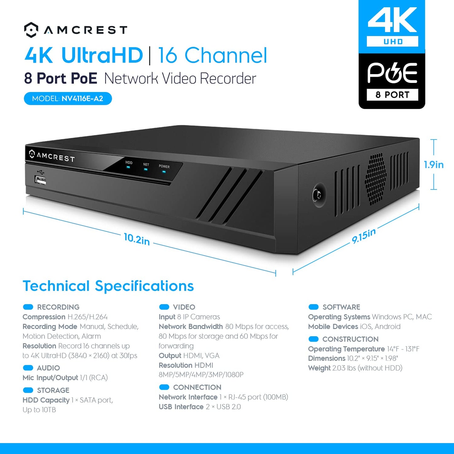 Amcrest 4K 16CH 8 Port PoE NVR (1080p/3MP/4MP/5MP/8MP) Network Video Recorder, 16CH (8-Port PoE) NVR - Supports up to 16 x 8-Megapixel IP Cameras, Supports up to 10TB Hard Drive NV4116E-A2