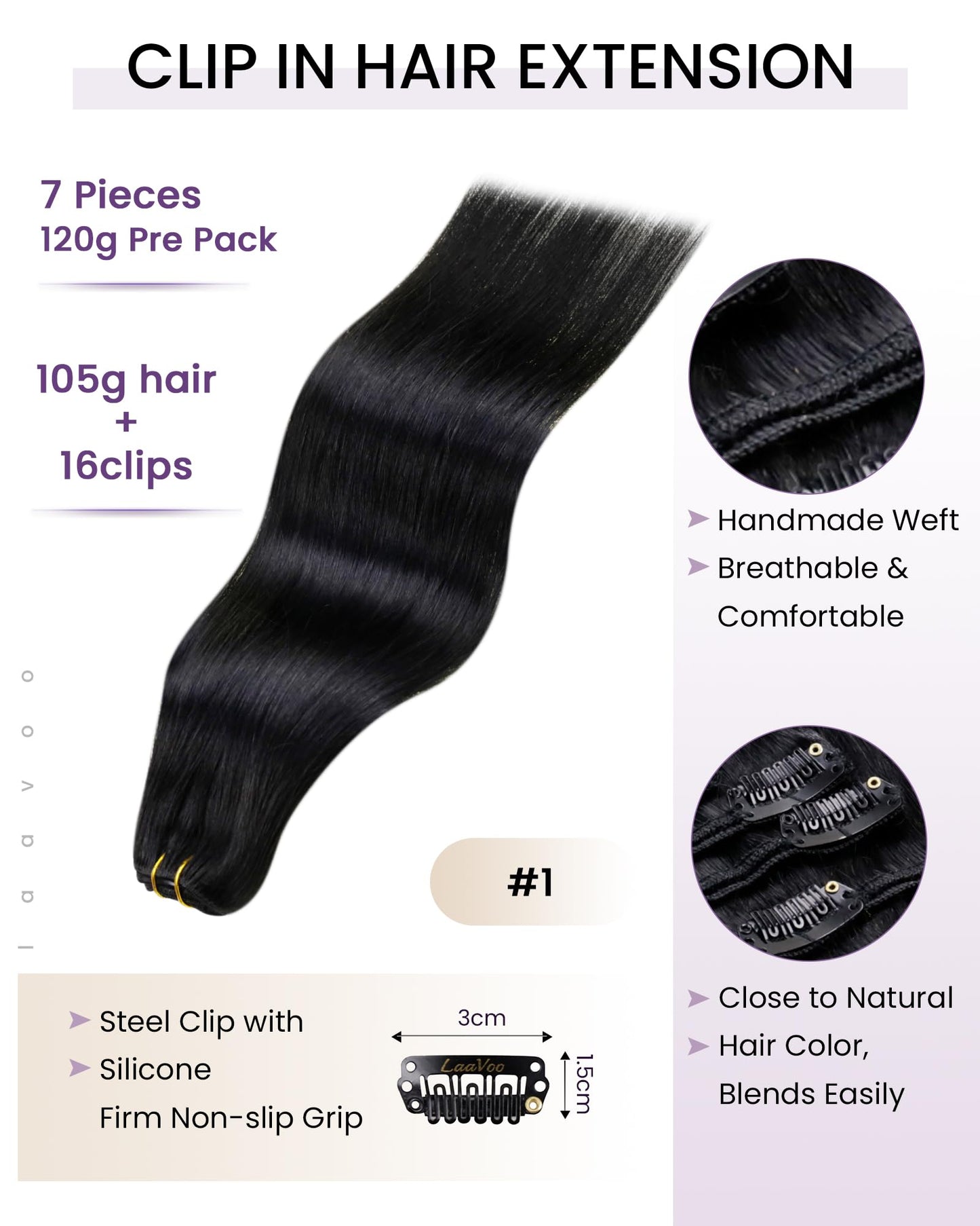 LaaVoo Black Hair Extensions Clip in Black Clip in Hair Extensions Black Women 18 Inch Human Hair Clip ins Jet Black Hair Extensions for Black Women Silky Straight Full Head 7pcs 105g