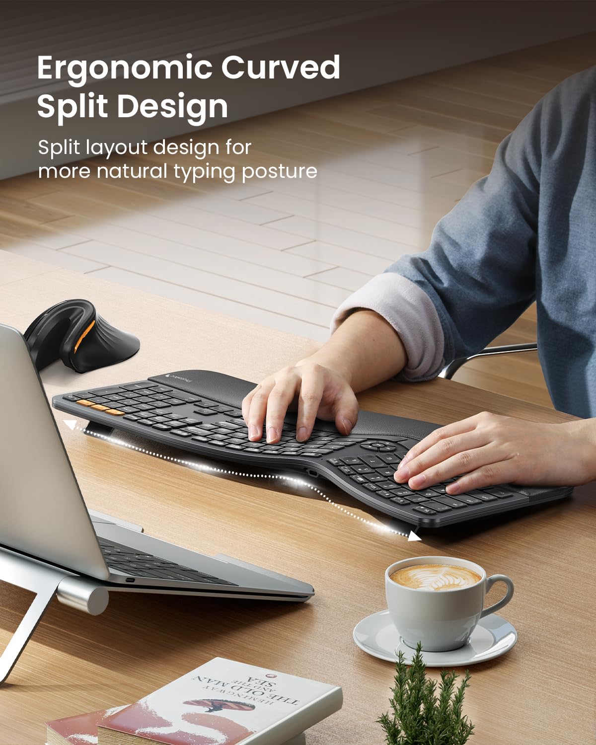 ProtoArc Backlit Wireless Ergonomic Keyboard, EK01 Plus Full Size Ergo Keyboard with Wrist Rest, Split Design, Rechargeable, Bluetooth and USB, Natural Typing Compatible with Windows/Mac/Android Black
