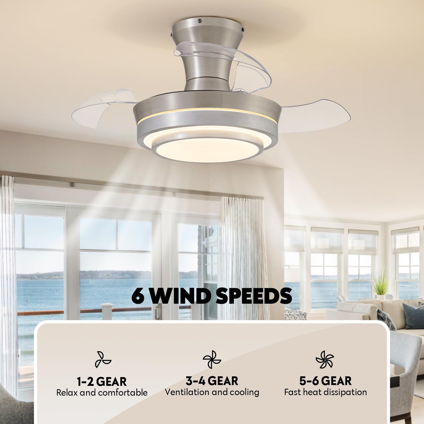 APBEAMLighting Retractable Small Led Ceiling Fan with Light and Remote 28 Inch Low Profile Brushed Nickle Modern Fandelier for Bedroom Living Room Dimmable 6 Speed Reversible Smart Ceiling Fan
