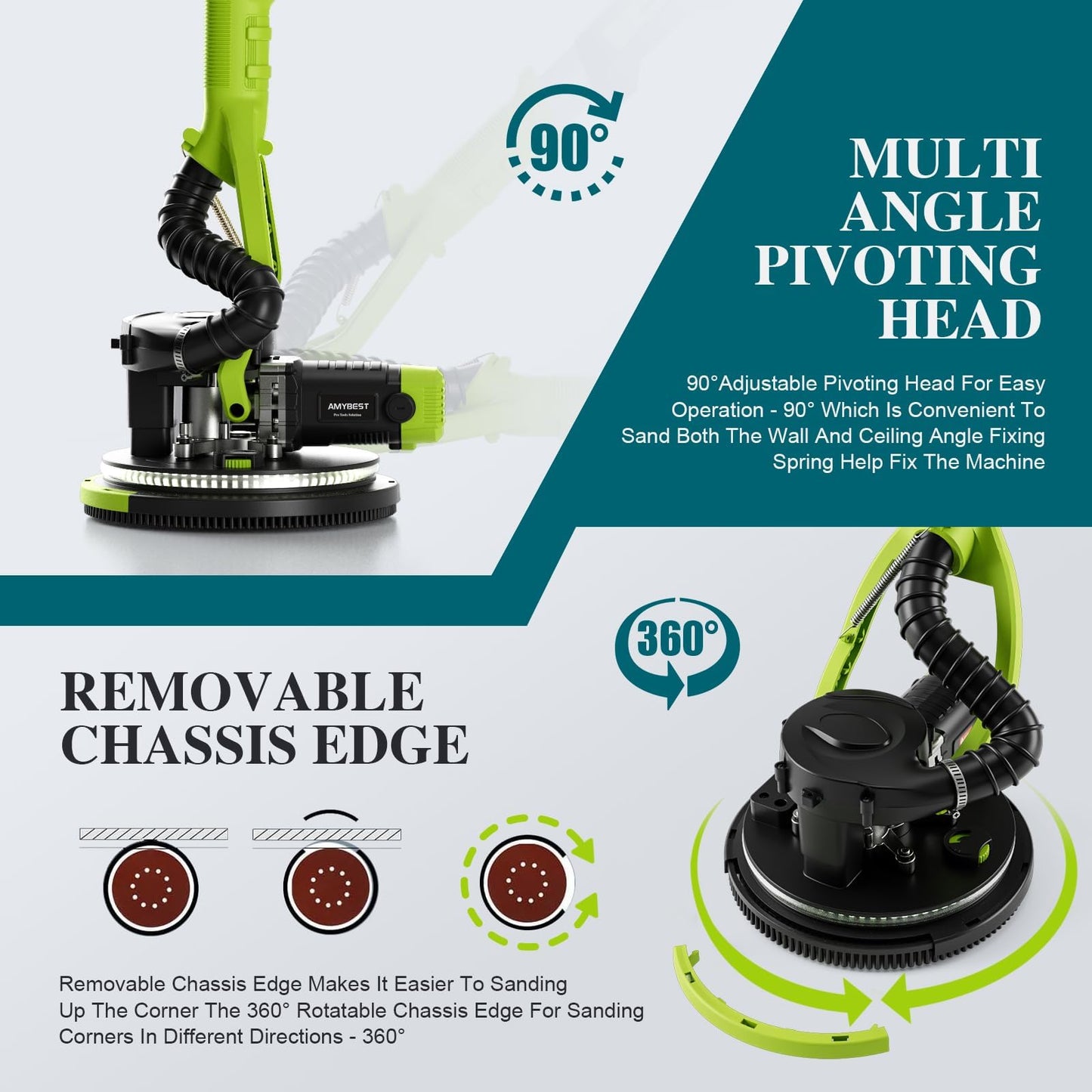 AMYBEST Drywall Sander, Powerful Electric Drywall Sander with Vacuum Dust Collection, 5 Speed 1000-2100 RPM, Popcorn Ceiling Remover, LED Light & 12 Sanding Discs, Extendable Handle (GREEN)