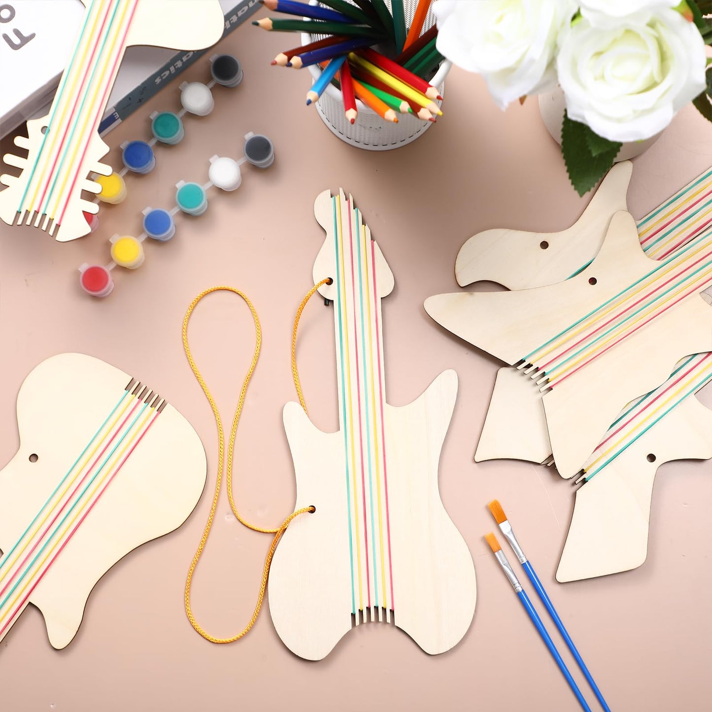 Syhood 36 Pcs 18 Sets DIY Wood Guitar for Kids (6 Difference Designs) with Pigments (6 Colors), Christmas Kids Gift for Boys Girls Crafts Art Birthday Class Party Music Theme Party(Trendy Style)