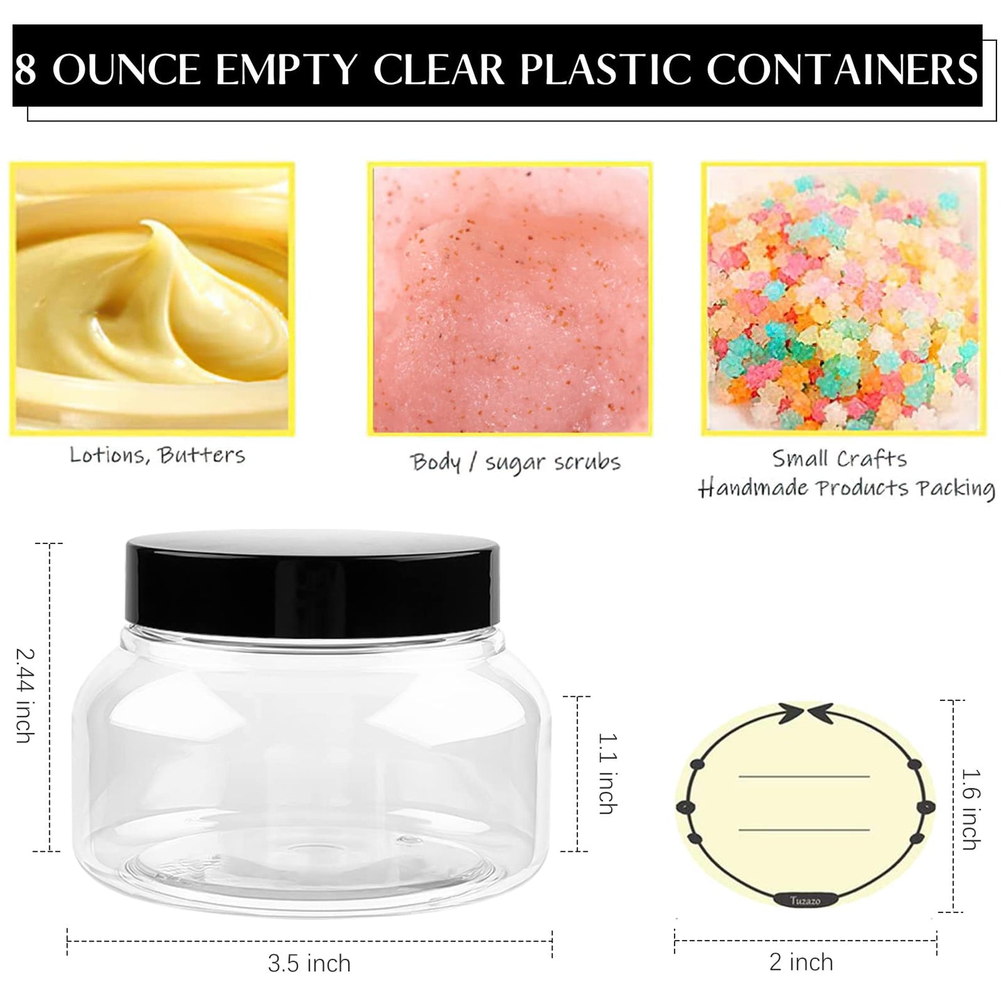 TUZAZO 8 Oz Plastic Container Tuscany Jars with Lids BPA Free, 24 Pack Empty Round Clear Cosmetic Containers Body Butter Jars for Lotion, Cream, Gel, Sugar Scrub