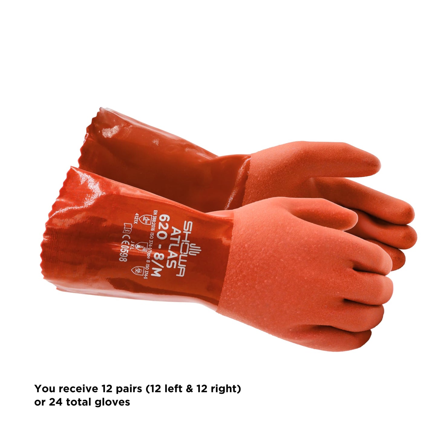 SHOWA Atlas 620 Double-Dipped PVC Chemical Resistant Safety Work Glove with Cotton Liner, 12" Length, Large (12 Pair)
