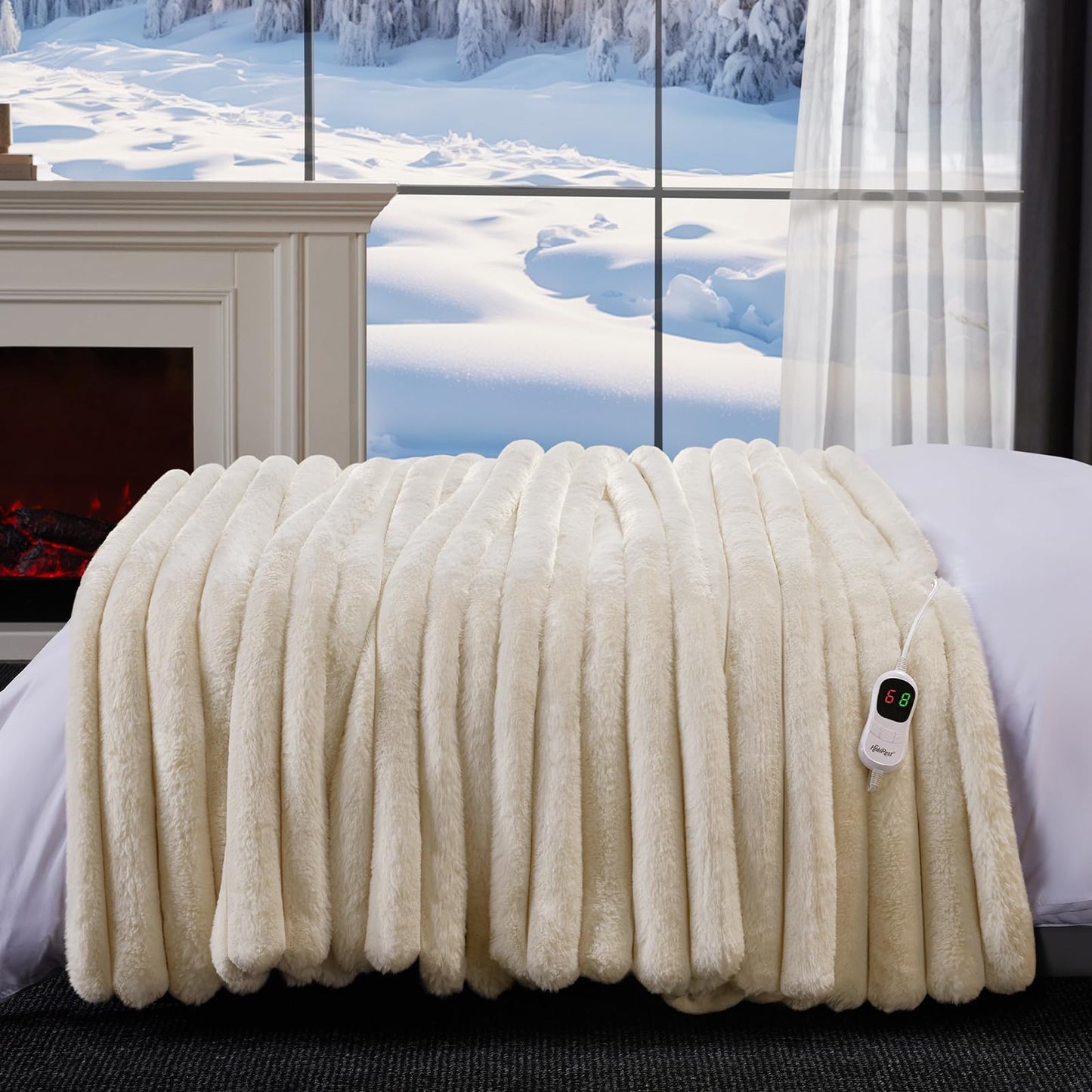 HaloRest Heated Throw Blanket, Faux Fur Cozy Heating Blanket with Overheat Protection, 1/2/4/6/8 Hours Auto-Off 10 Heat Level, Machine Washable (50x60 Inches, Cream White)