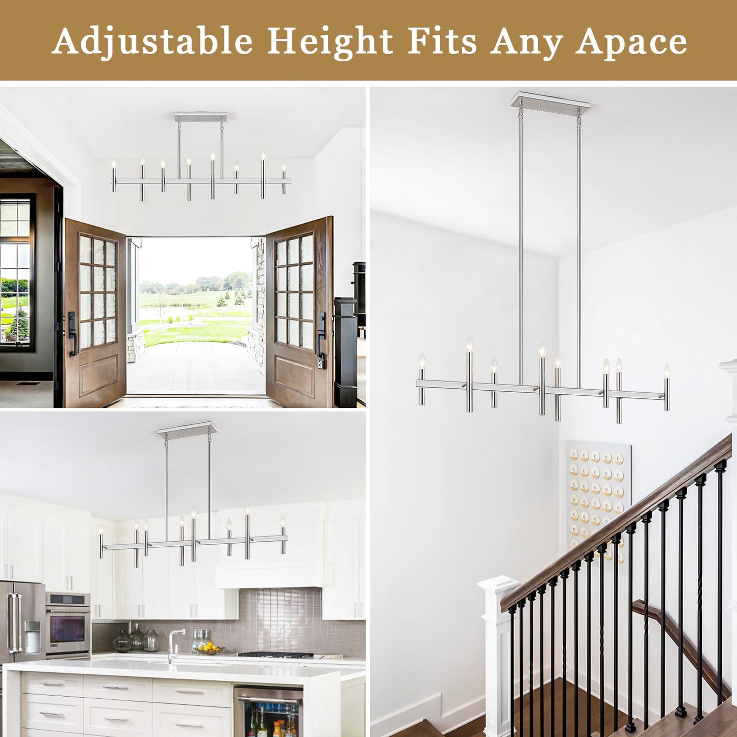47” Brushed Nickel Chandelier Kitchen Island Lighting 8-Light Linear Pendant Light Fixtures Contemporary Modern Chandeliers for Dining Room Over Table Hanging Light for Living Room Bar Pool Table