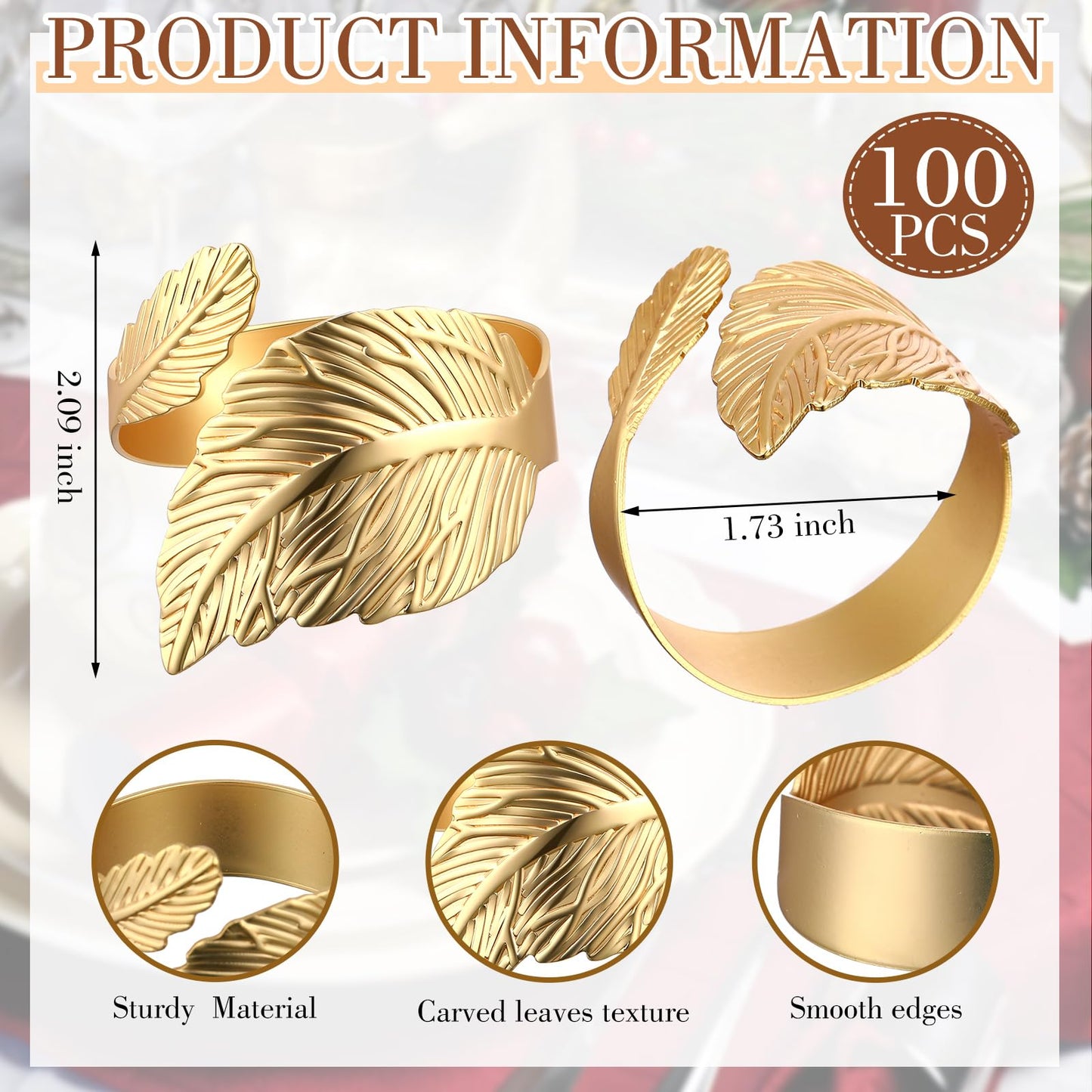 Bokon 100 Pcs Gold Napkin Rings for Wedding Shiny Metal Napkin Holder Study Leaf Shaped Table Decor for Dinner Parties Celebrations Receptions Thanksgiving Easter Christmas