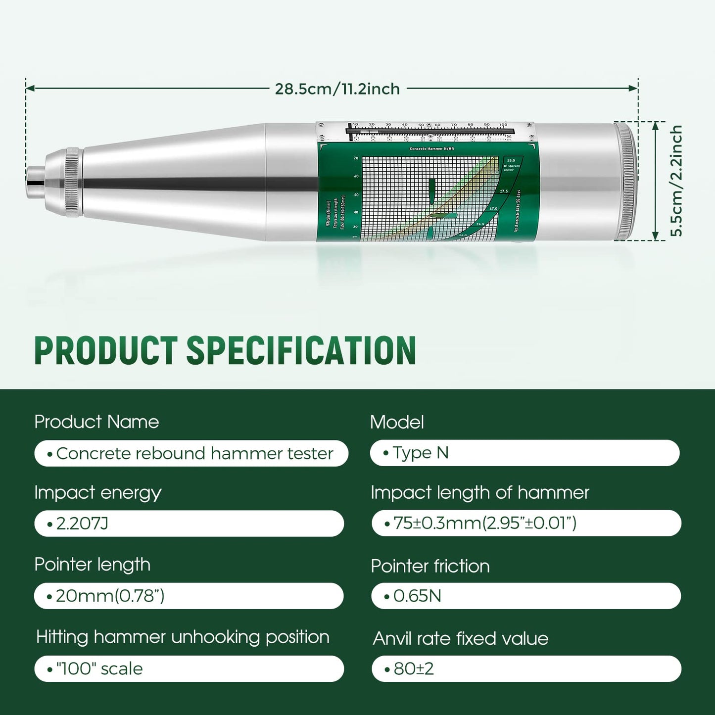Antstone Concrete Rebound Hammer Tester Schmidt Hammer Mechanical Strength Resiliometer Test Meter 10-60Mpa (1450-8702psi)