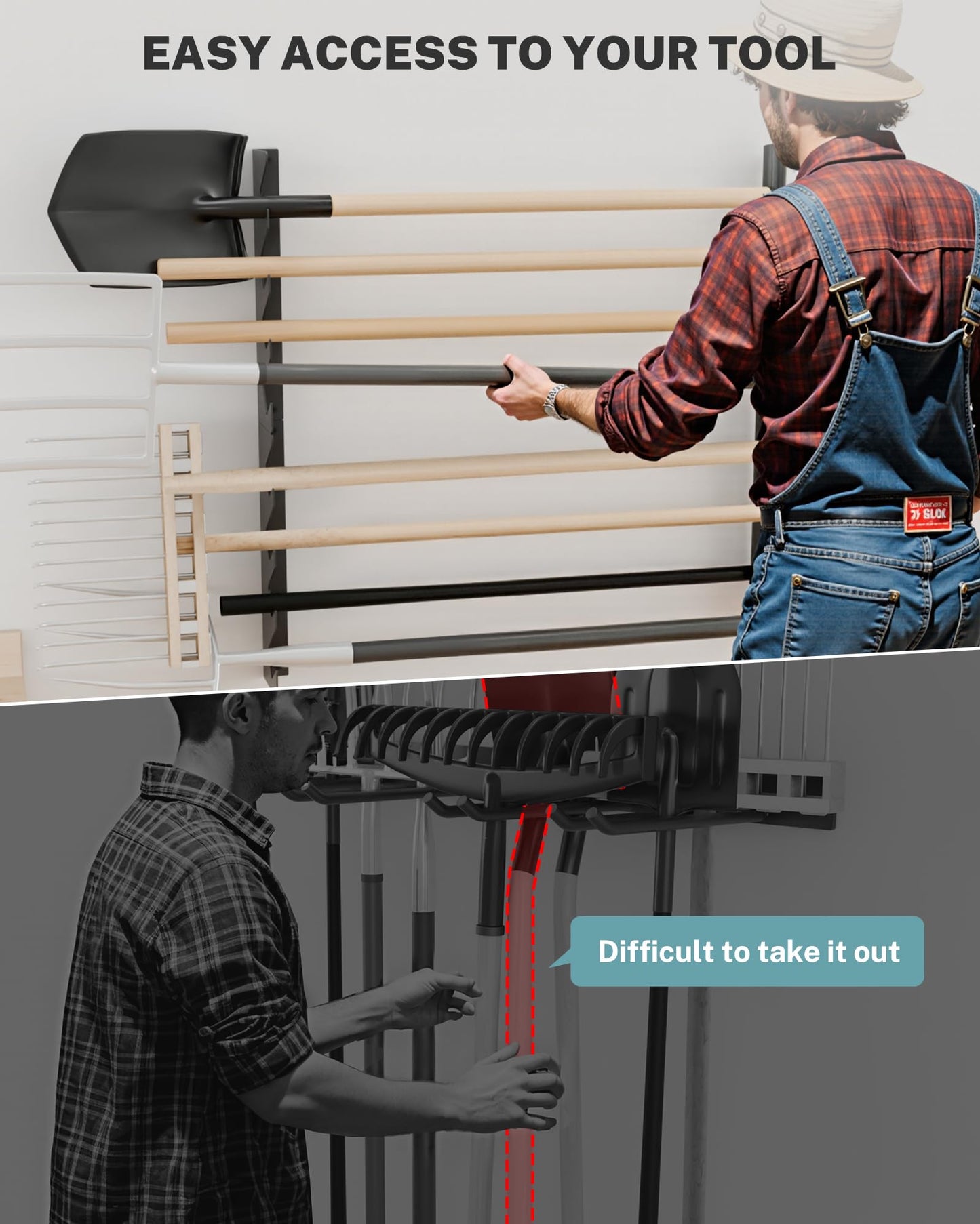JivaJot Garage Tool Organizer Wall Mount, Shed Yard Tool Organizer for Garage, Horizontal Organization Tool Racks for Walls, Shovels and Rakes, 3FT