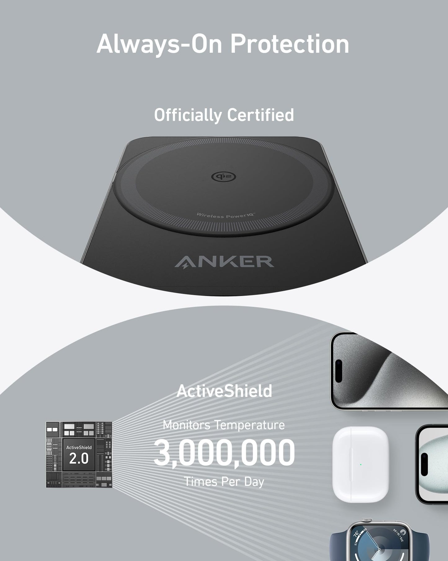 Anker MagGo 3-in-1 iPhone 16 Charging Station, MagSafe-Compatible Wireless Charger Stand, Qi2 Certified 15W Foldable Charger for iPhone 15/14, AirPods, Apple Watch 9 (40W USB-C Charger Included)