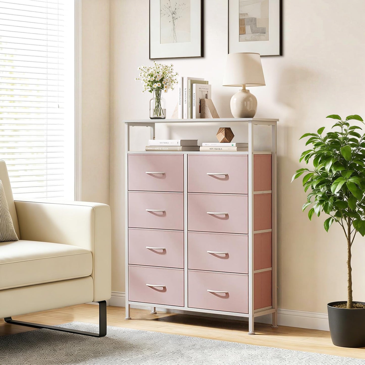 SageNest 8 Drawers Dresser with Open Shelf, 46" Tall Storage Organizer Chest of Drawer with Wooden Top, Sturdy Metal Frame for Bedroom, Hallway, Living Room, Pink