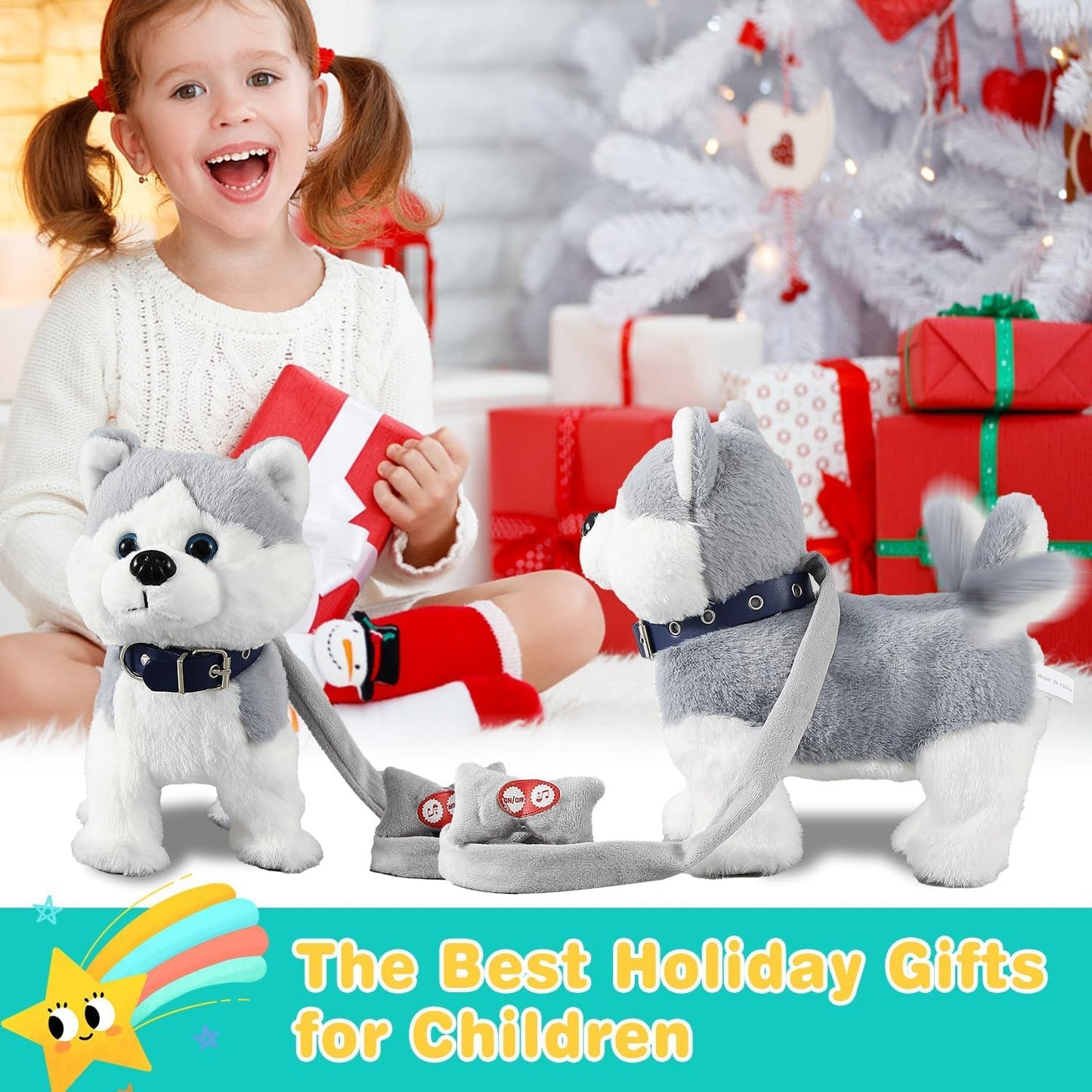 Marsjoy Husky Walking Dog Toy Musical Singing Dancing Plush Interactive Puppy with Leash Robot Plush Stuffed Animal Shaking Toy for Boys Girls