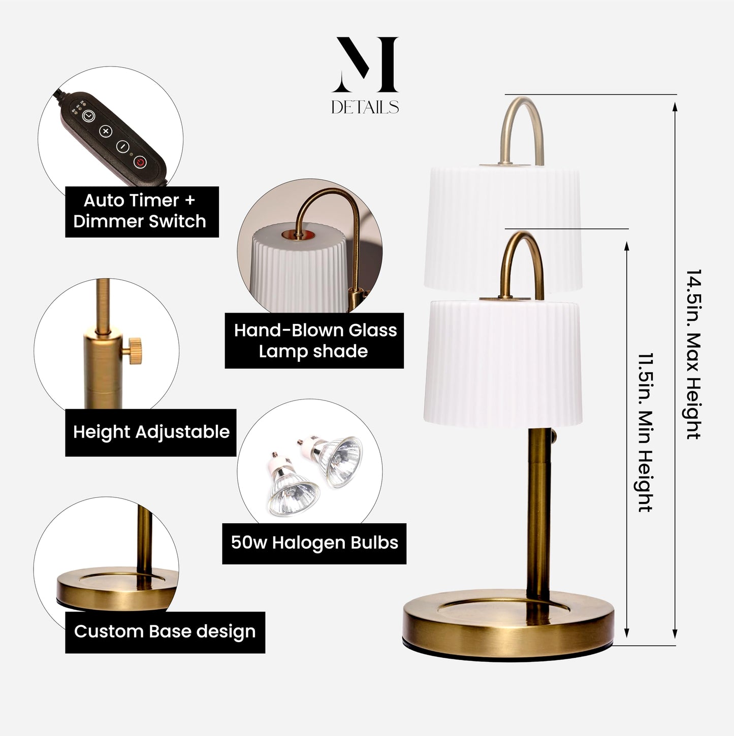 Dimmable Glass Candle Warmer Lamp with Timer - Adjustable Height Candle Lamp Warmer with Timer (8H/4H/2H) - Wax Melter - Ideal Gift, fits Various Size Scented Candles - 02 Bulb - (Gold Metal)