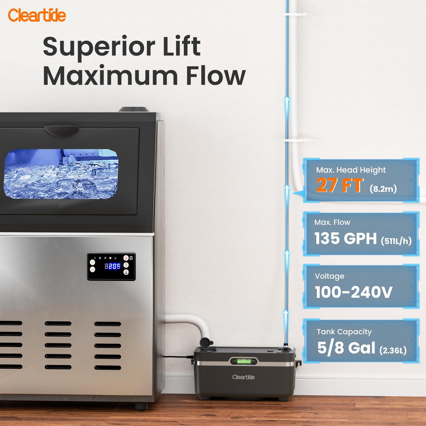 Cleartide Condensate HVAC Pump, Ultra-Quiet 25dB, 1/30 HP 135 GPH, Automatic Condensate Removal Pump with Safety Switch for Air Conditioner/Furnace/Dehumidifier/Ice Machine, 100-240V, 27ft Head Height