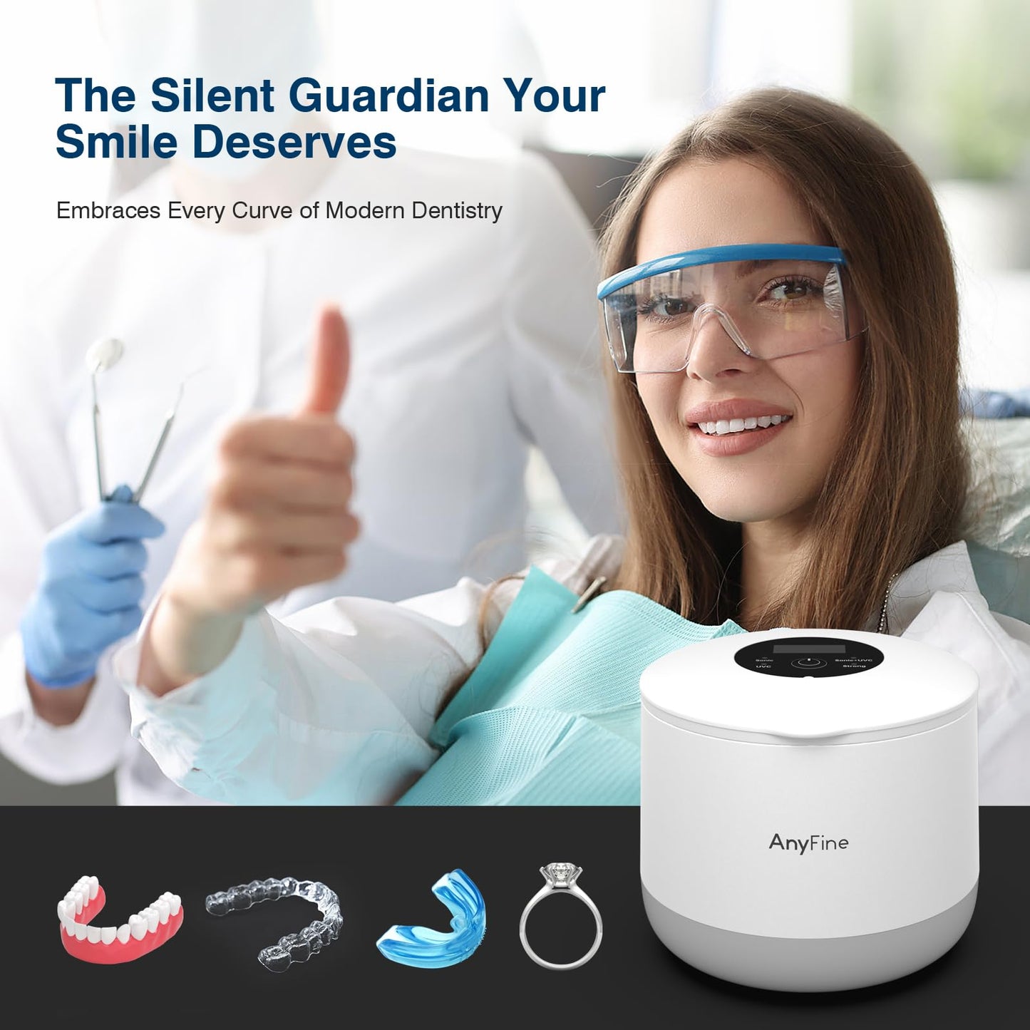 AnyFine Advanced Ultrasonic Retainer Cleaner Machine for Dentures, Mouth Guards, Braces, Toothbrush Heads, Jewelry, 45kHz Triple-Phase Purification System, 4 Modes for Multiple Dental Appliances