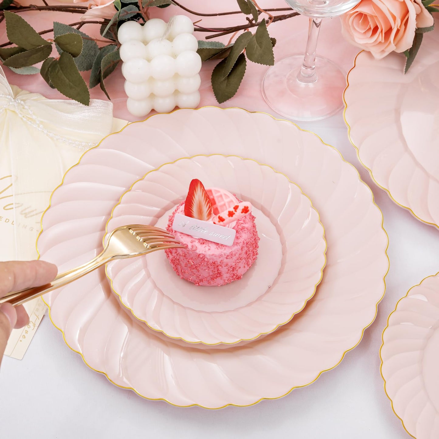 YOUBET 125Pieces Pink Plastic Plates with Gold Rim-Gold Plastic Silverware Include 25 Dinner Plates 25 Dessert Plates 75 Gold Silverwares for Wedding Birthday & Parties