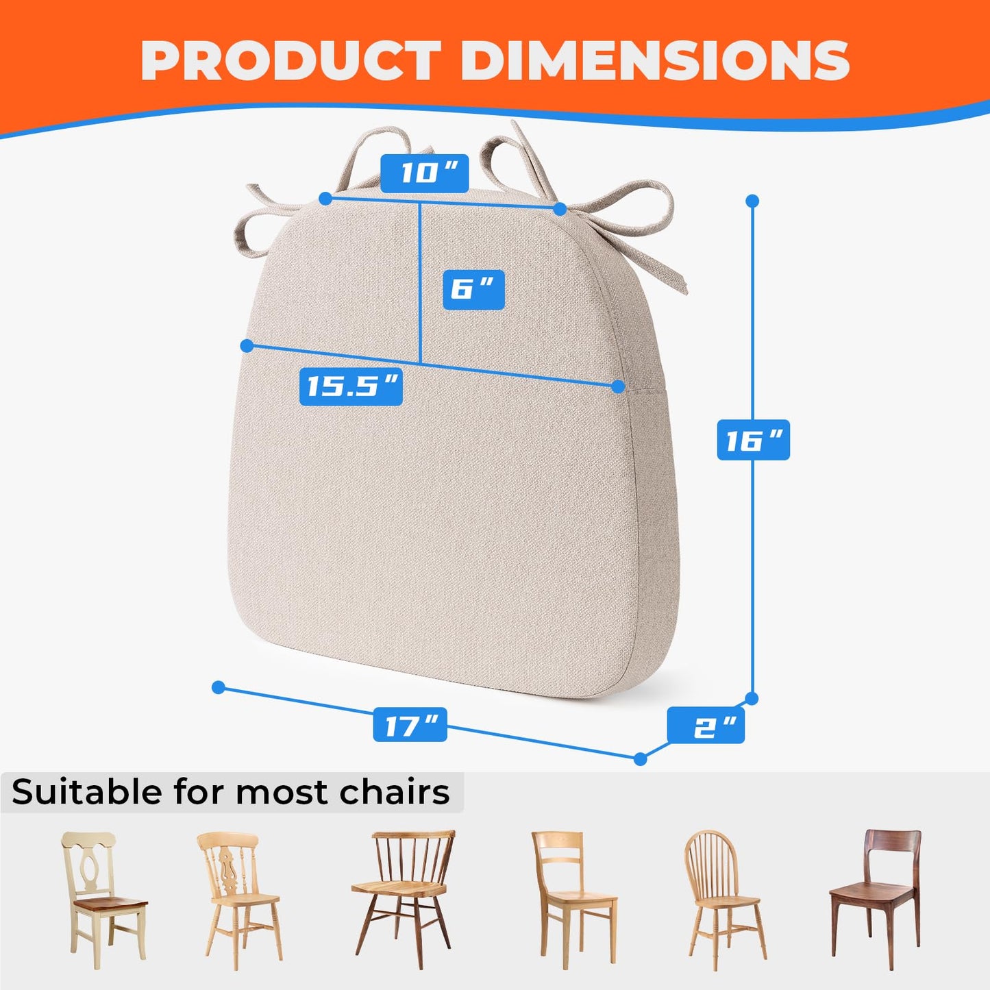 Sunsleek 4 Pack 17'' x 16'' Chair Cushions, 2" Thick Dining Chair Pads with Ties and Removable Washable Cover, Seat Cushion for Kitchen Chairs, Indoor Dining Room, Patio Chairs, Beige