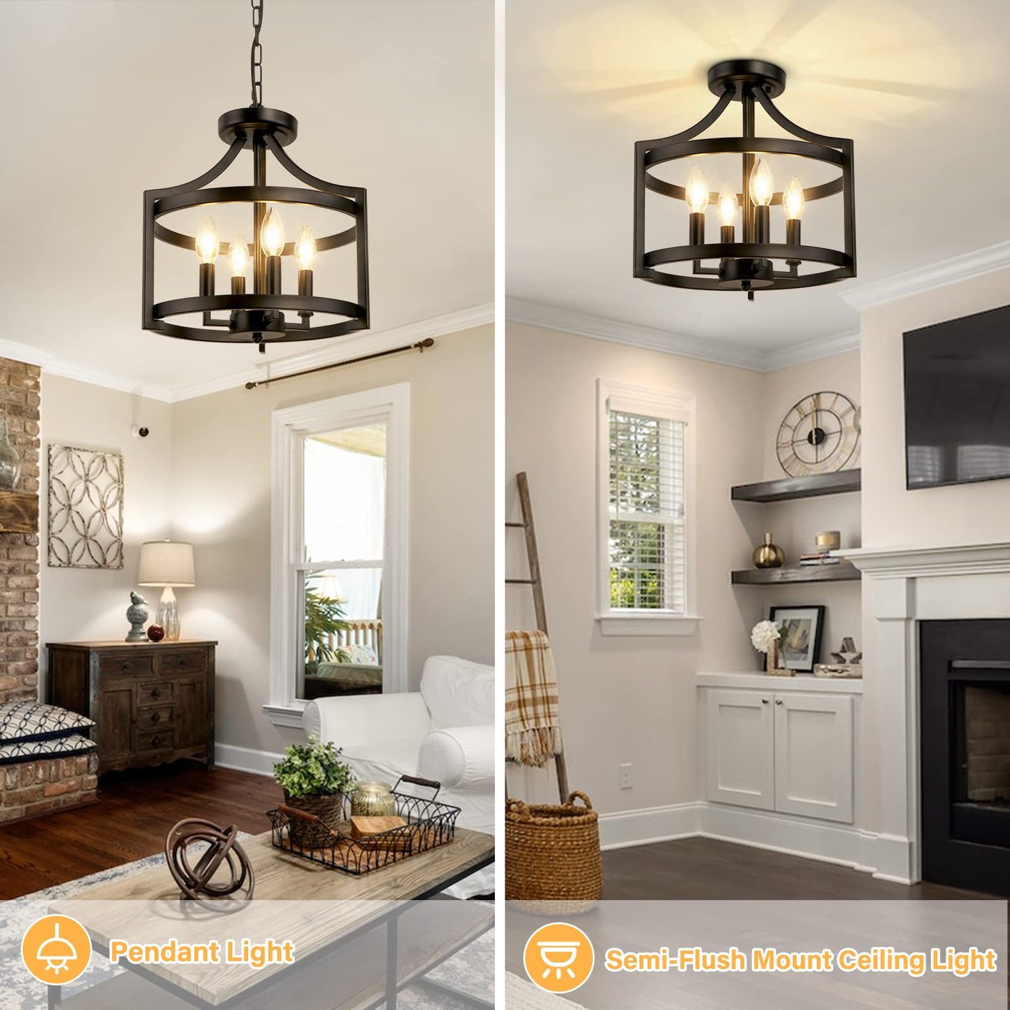 WBinDX 4-Light Farmhouse Chandelier, Modern Hanging Pendant Lighting, Convertible Semi Flush Mount Ceiling Light Fixture Rustic Vintage Black Chandeliers for Dining Room Kitchen Foyer Entryway