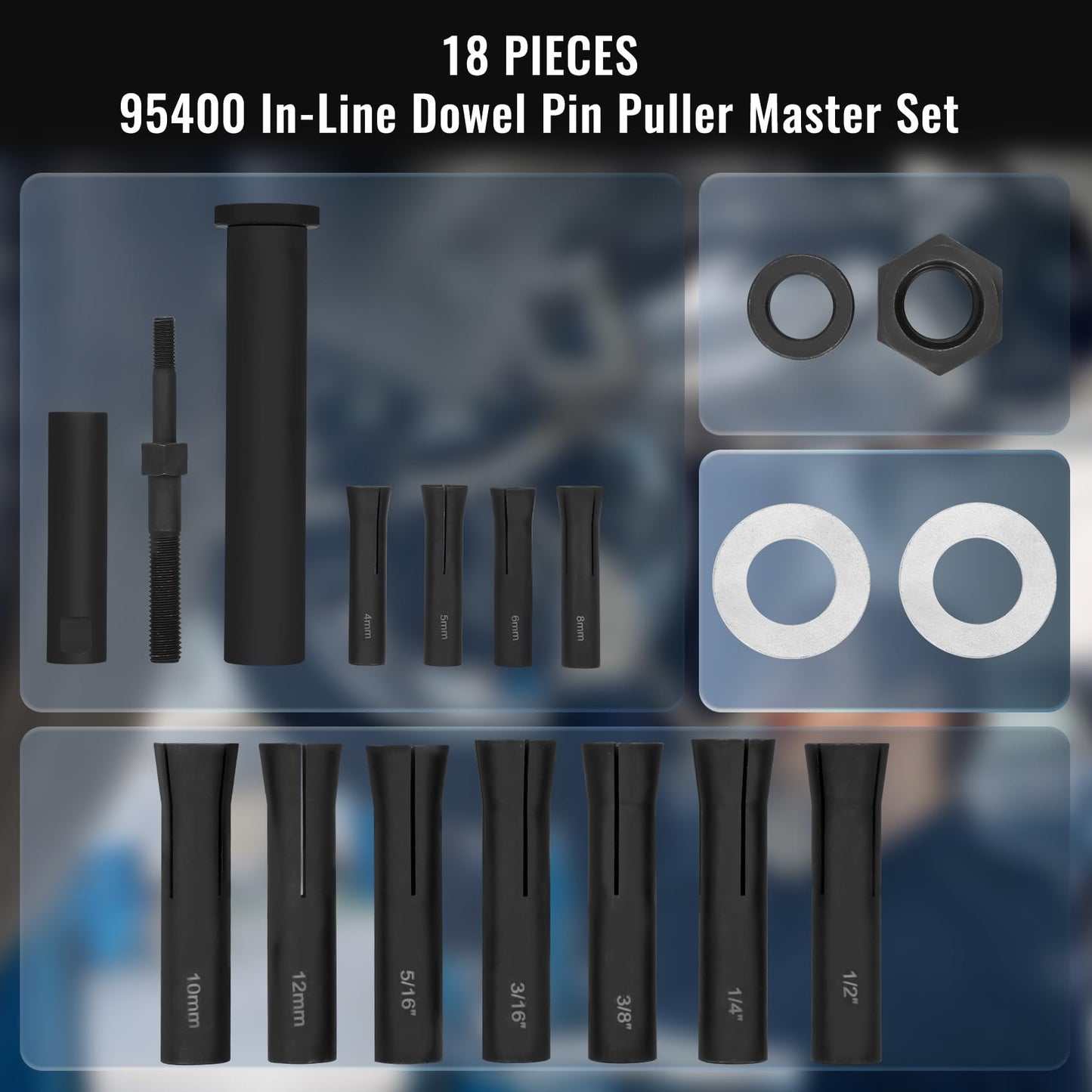 18pcs 95400 in-Line Dowel Pin Puller Master Set Includes Both SAE and Metric Collets,Efficient Dowel Pin Puller Tool Reducing Work and Potential Hand Injuries