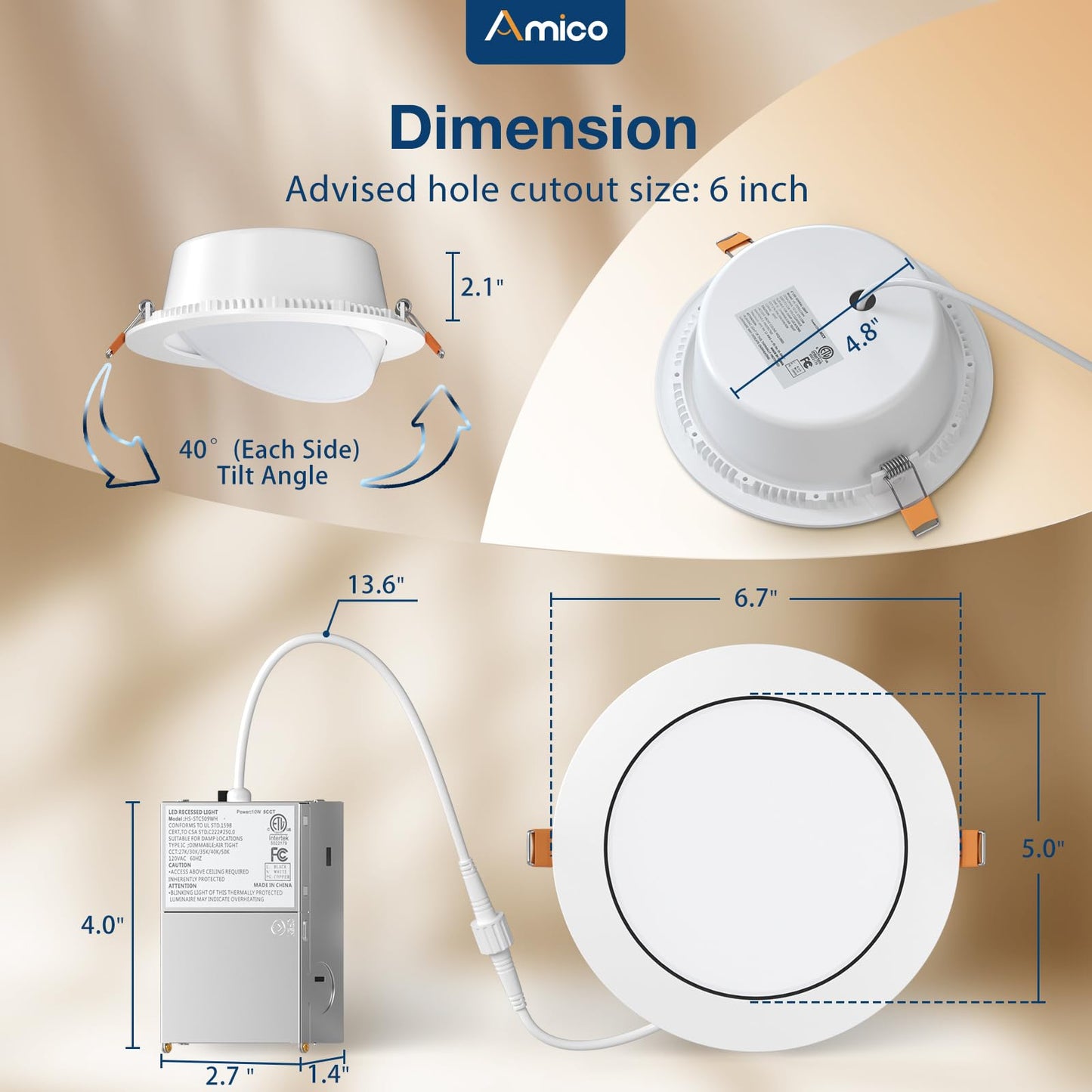 Amico 6 Pack 6 Inch 5CCT Gimbal LED Recessed Lighting, Directional Adjustable Ceiling Downlight, Angled Dimmable Canless Light with Jbox, 2700K-5000K Selectable, 15W 100W Eqv, 1100LM, ETL&FCC
