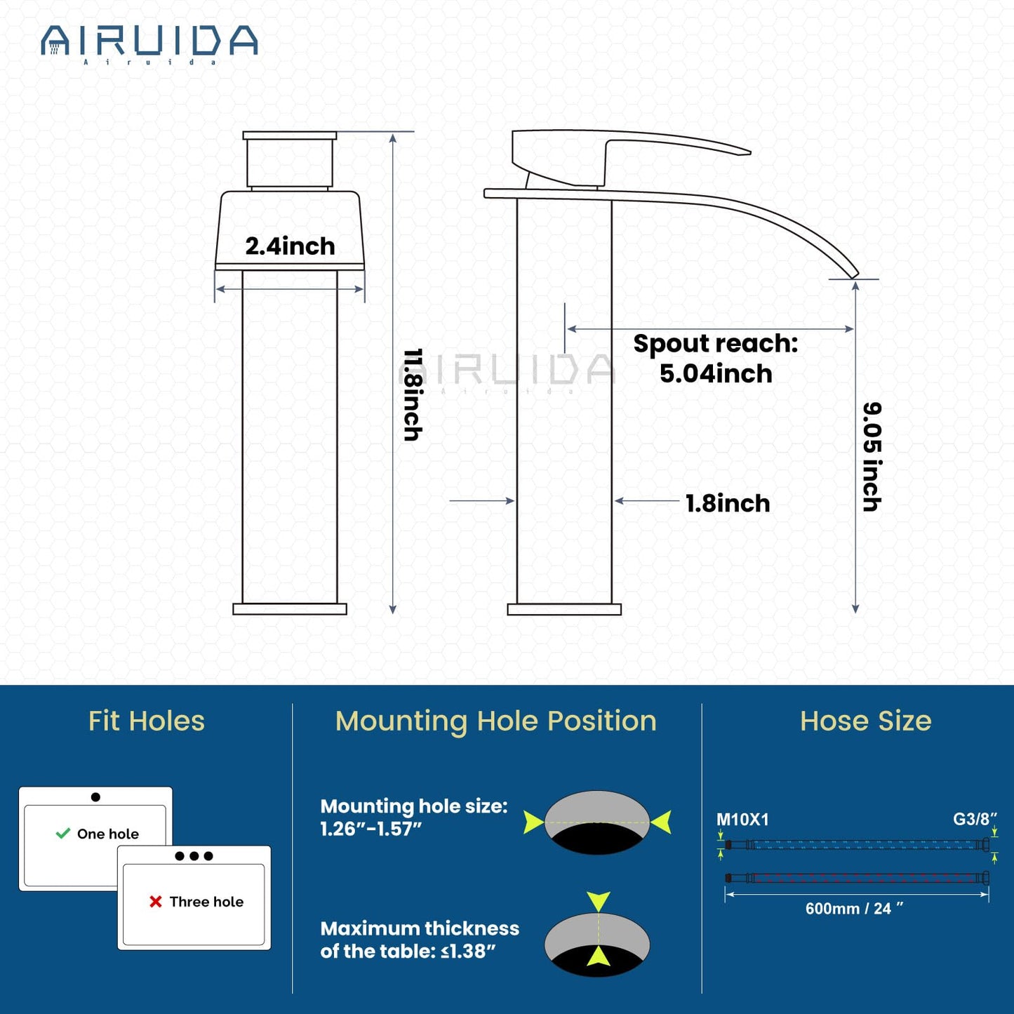 Airuida Vessel Sink Faucet, Matte Black Waterfall Spout Bathroom Faucet, Tall Single Handle One Hole Bowl Mixer Tap, Waterfall Spout Lavatory Vanity with Pop Up Drain